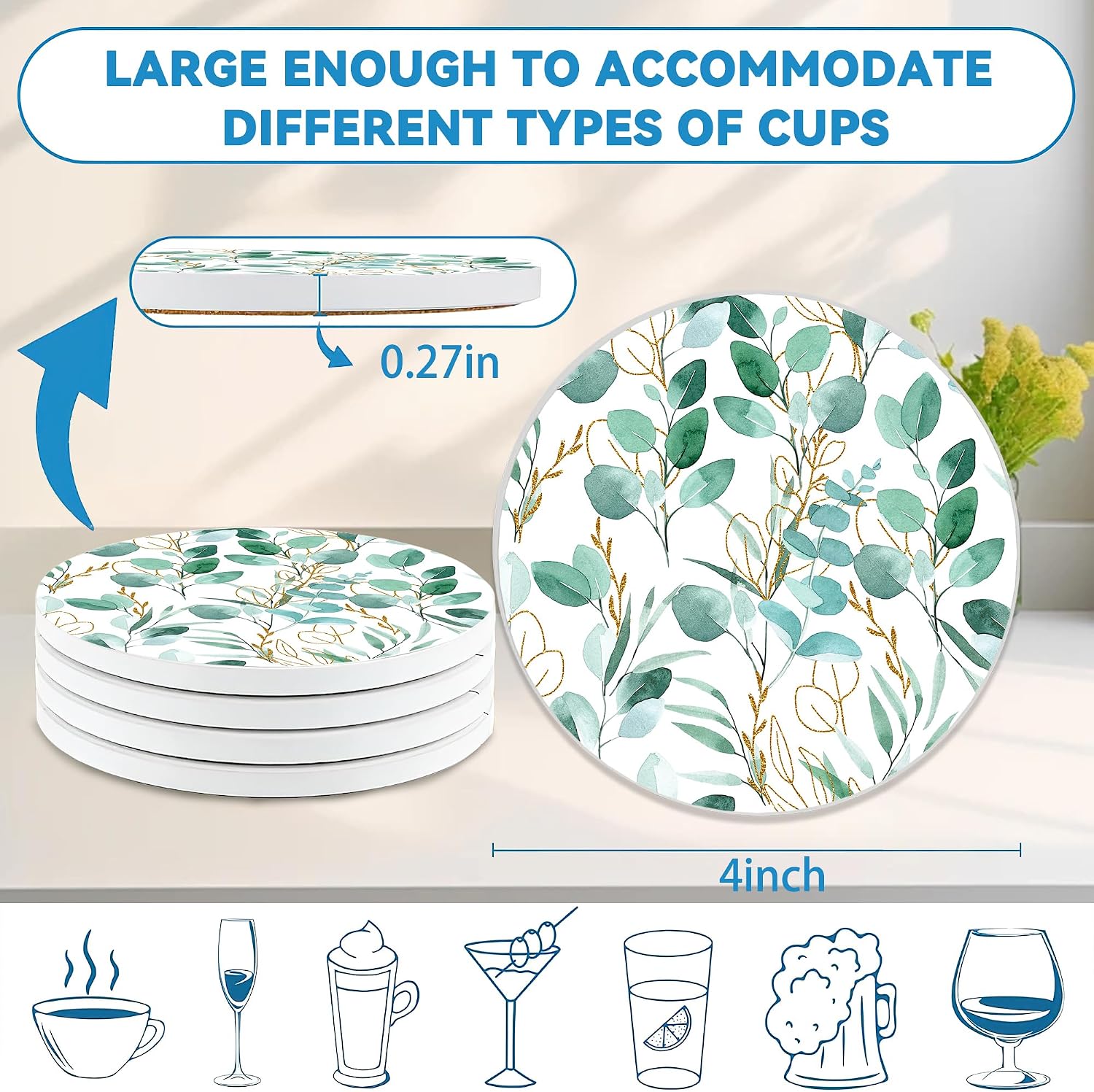 Absorbent Ceramic Stone Coasters / Sage Green Plants / Set of 4