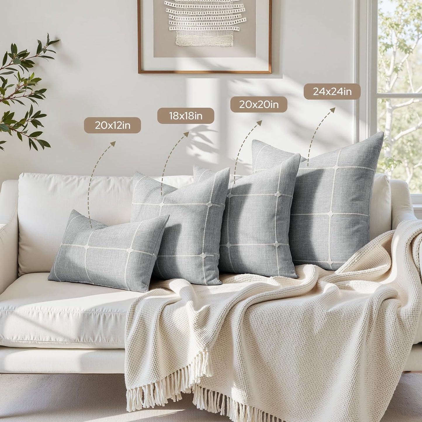 Grey Farmhouse Pillow Covers / Light Grey Plaid / 18 x 18 / Set of 2