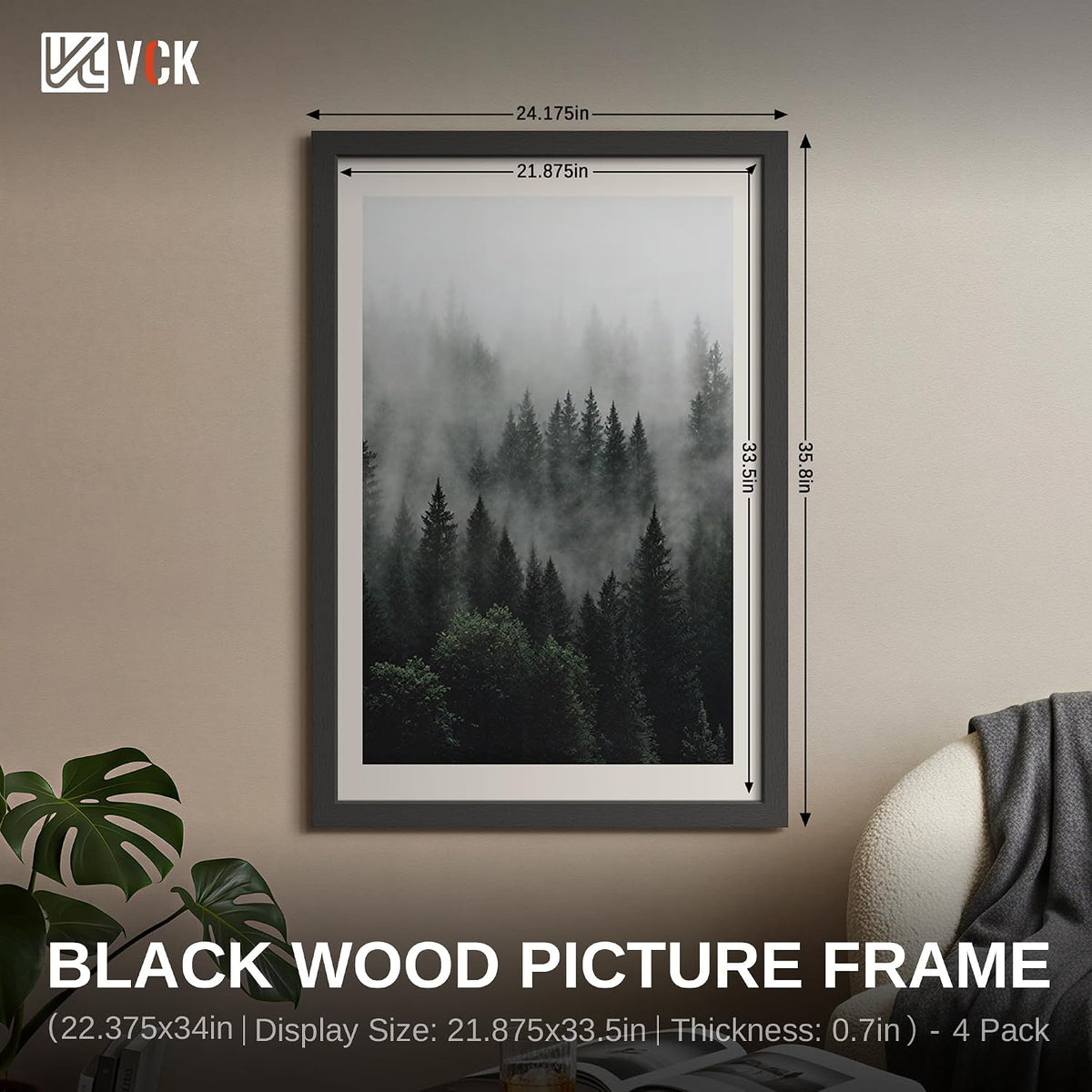 VCK 22.375x34 Poster Frame Black 4 Pack, Wide Thick Wood Border, for Print | Exclusive Woodgrain, Wall Hanging, HD