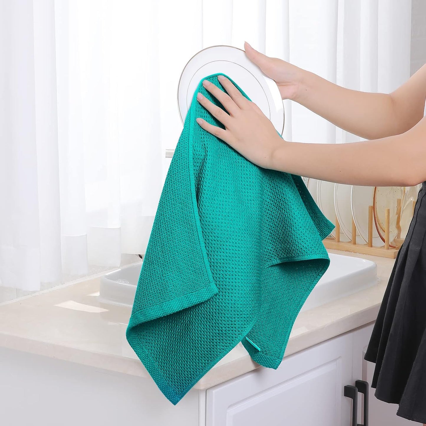 Homaxy 100% Cotton Waffle Weave Kitchen Dish Towels 8-Pack, Teal | 13 x 28 Inches, Ultra Soft Absorbent Dish Towels