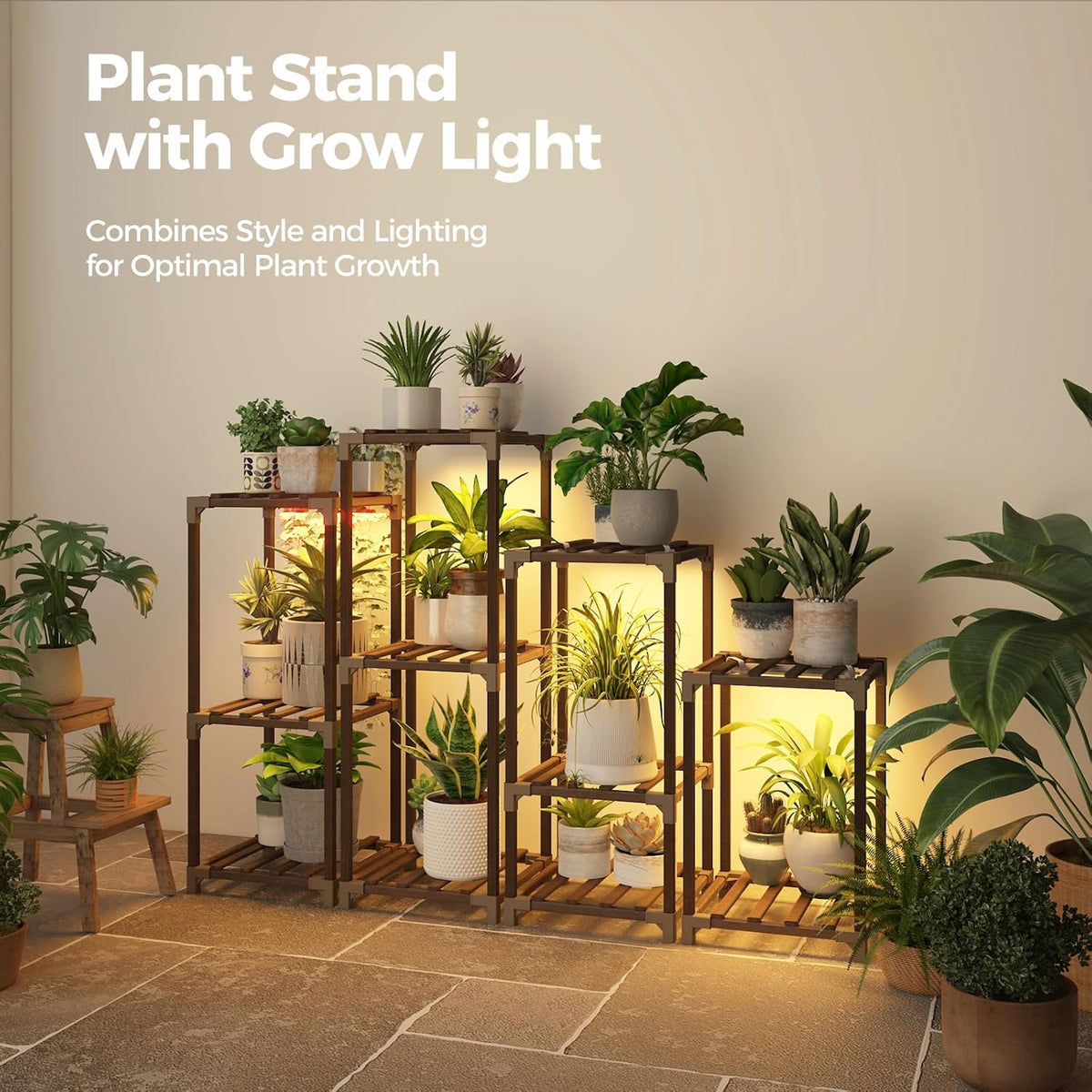 Bamworld Plant Stands with Grow Lights Indoor 4 Sets Plant Shelves Outdoor | Wooden Plant Holder for Multiple Plants