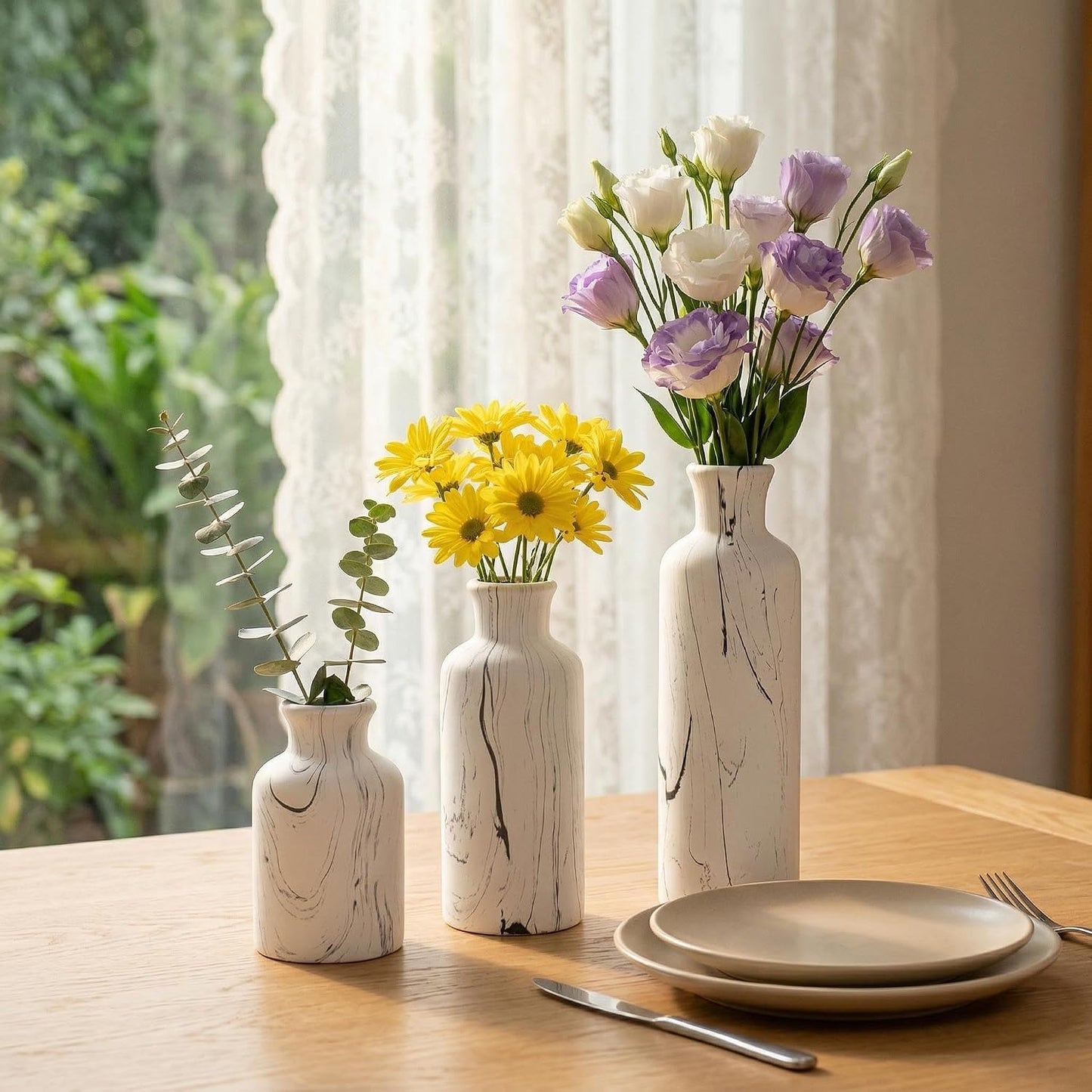 Modern Ceramic Flower Vase / 104-white Gray Marble / Set of 3
