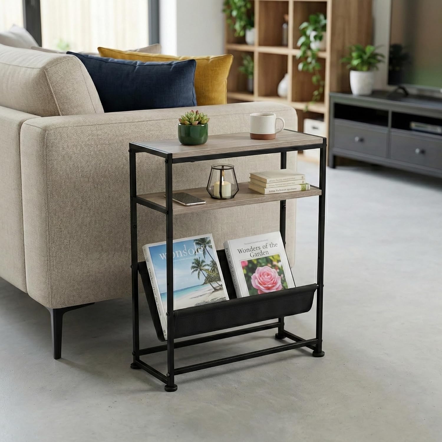 Narrow End Table for Small Spaces - Slim Side Table with Magazine Holder,2 in 1 Design Narrow Coffee Table Living