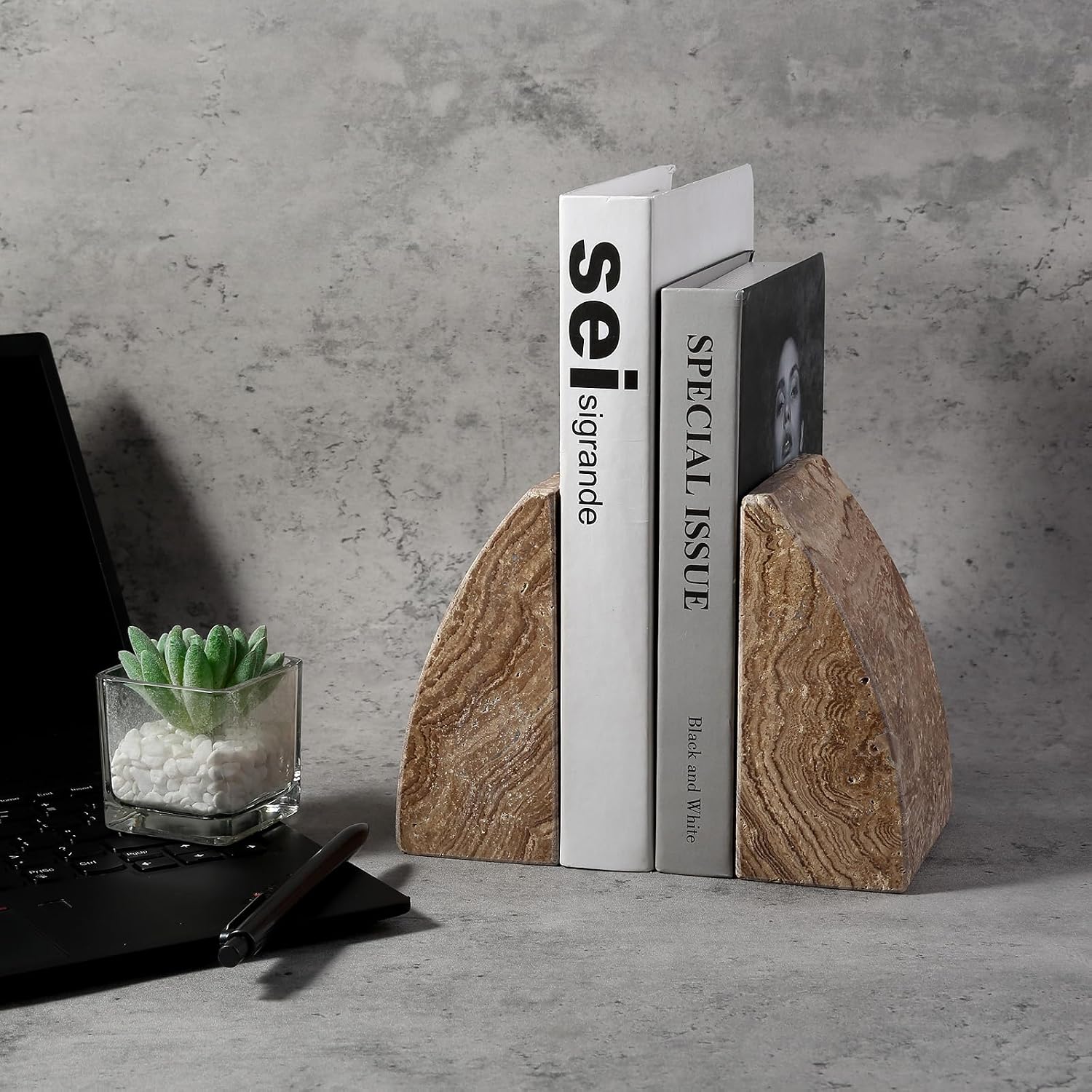 Travertine Bookends / Non-Slip Heavy Duty Book Stopper / Sail-brown Travertine