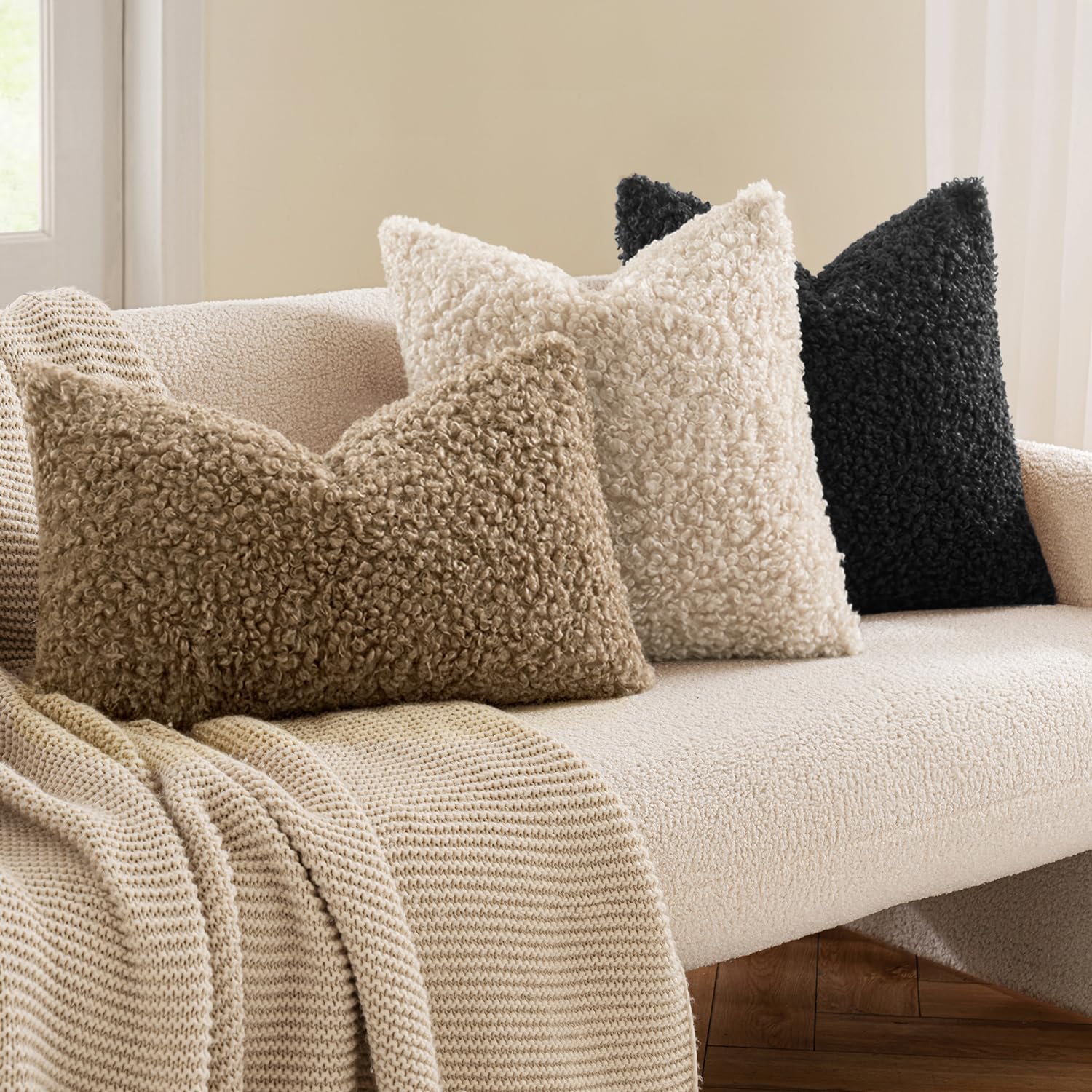 Throw Pillow Covers Neutral Faux Fur Decorative Sherpa Pillow Covers / 18 x 18 / Black / Set of 2