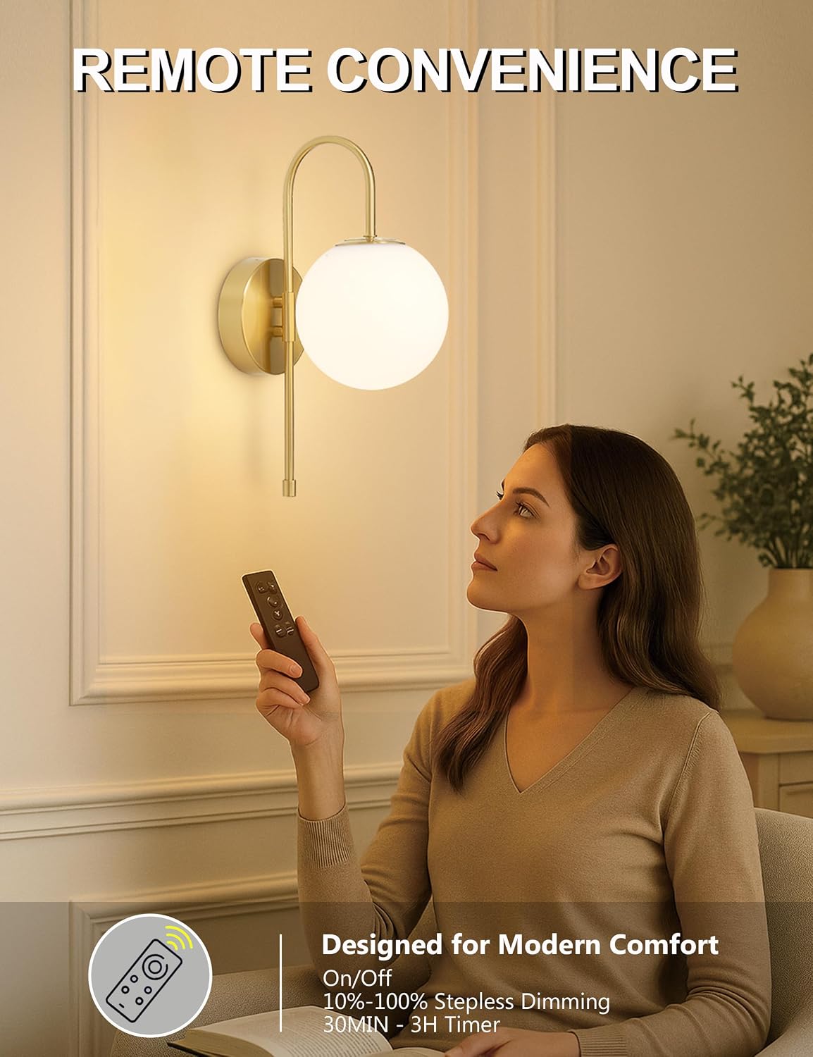 Battery Operated Gooseneck Wall Sconces, Brushed Gold Globe Glass Set of 2