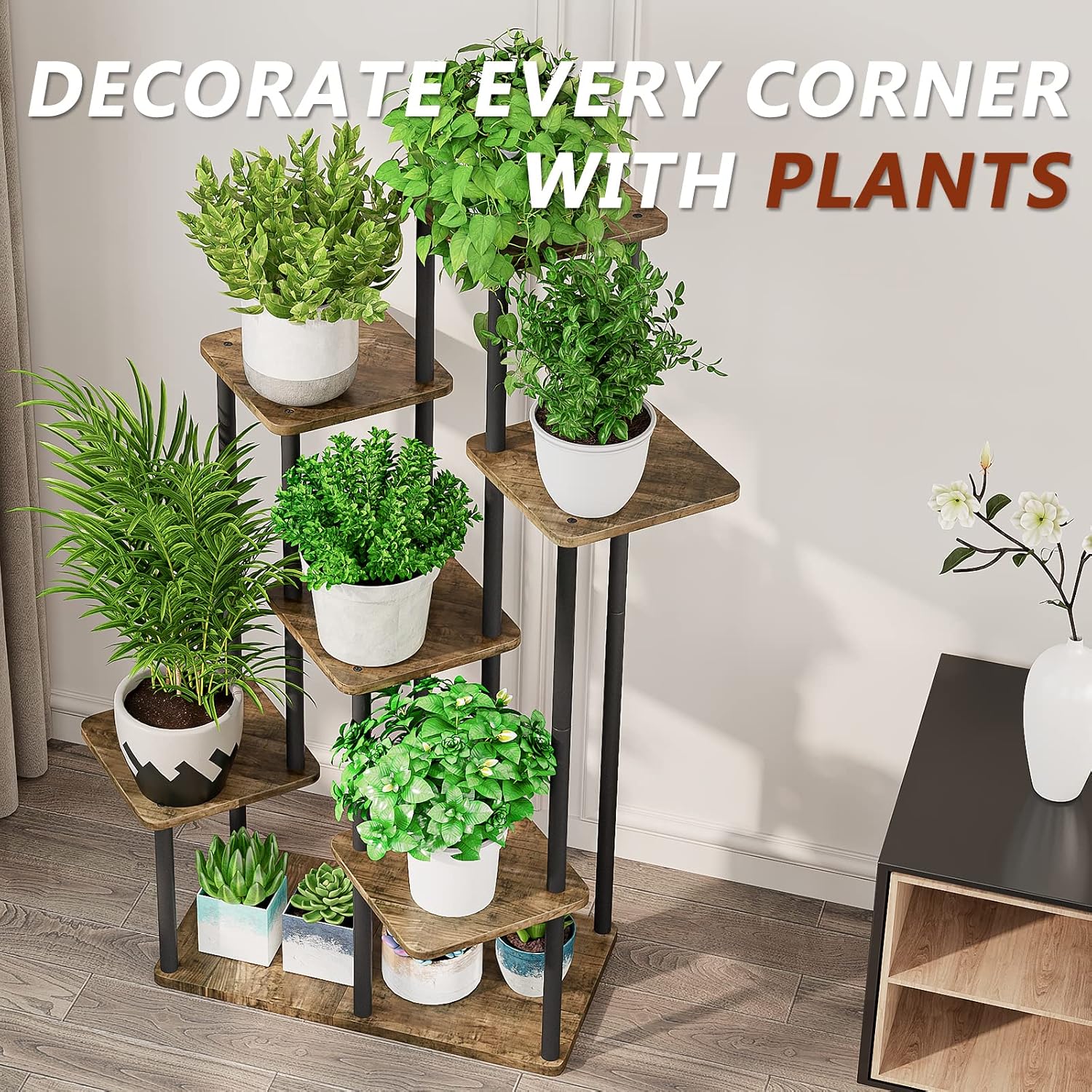 7 Tier Tall Plant Stand Indoor Corner Tiered Shelf Metal MDF Board | Sturdy Metal Frame,Space-saving Tiered Design
