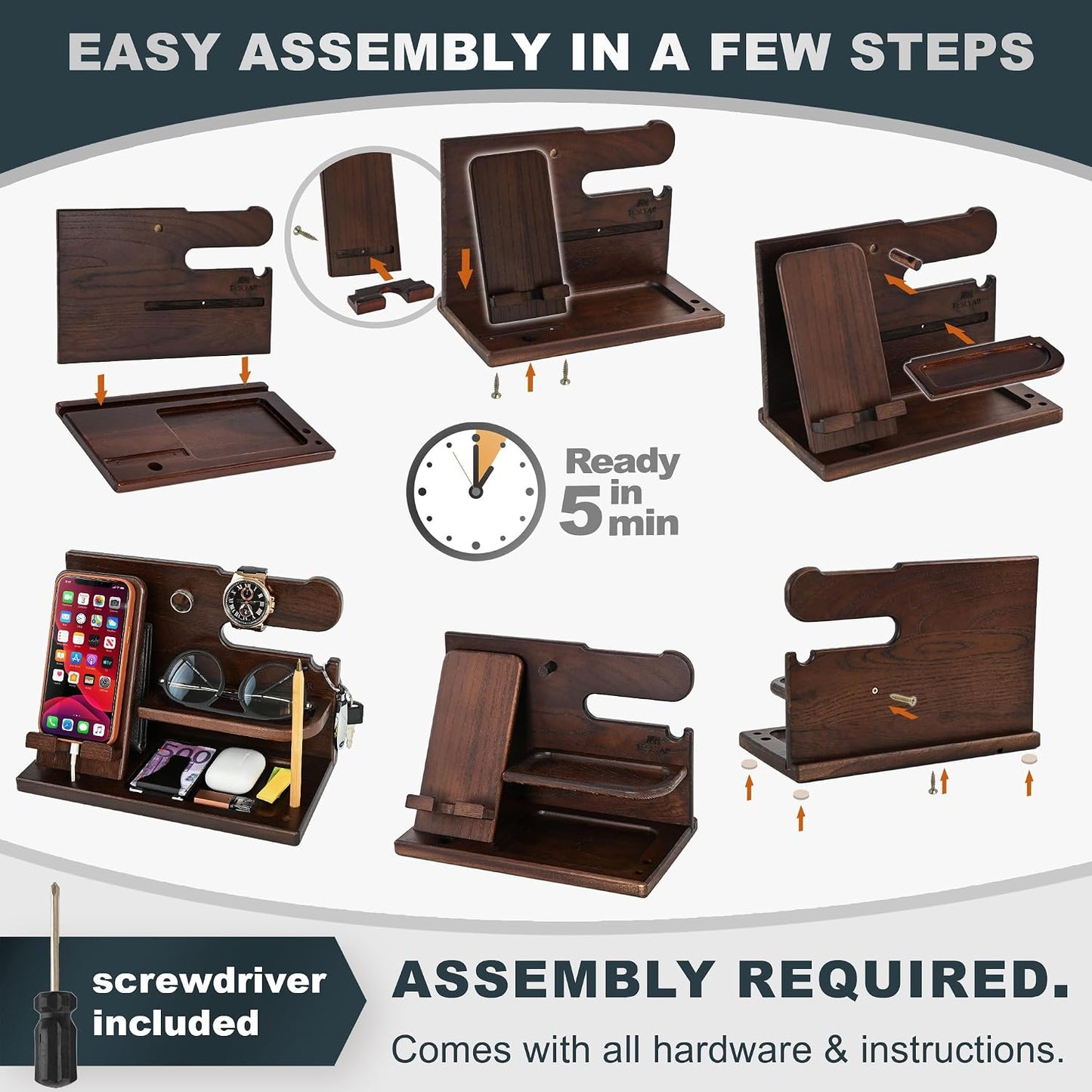 TESLYAR Wood Phone Docking Station for Men - Desk or Nightstand Organizer - Birthday Gifts for Husband, Dad