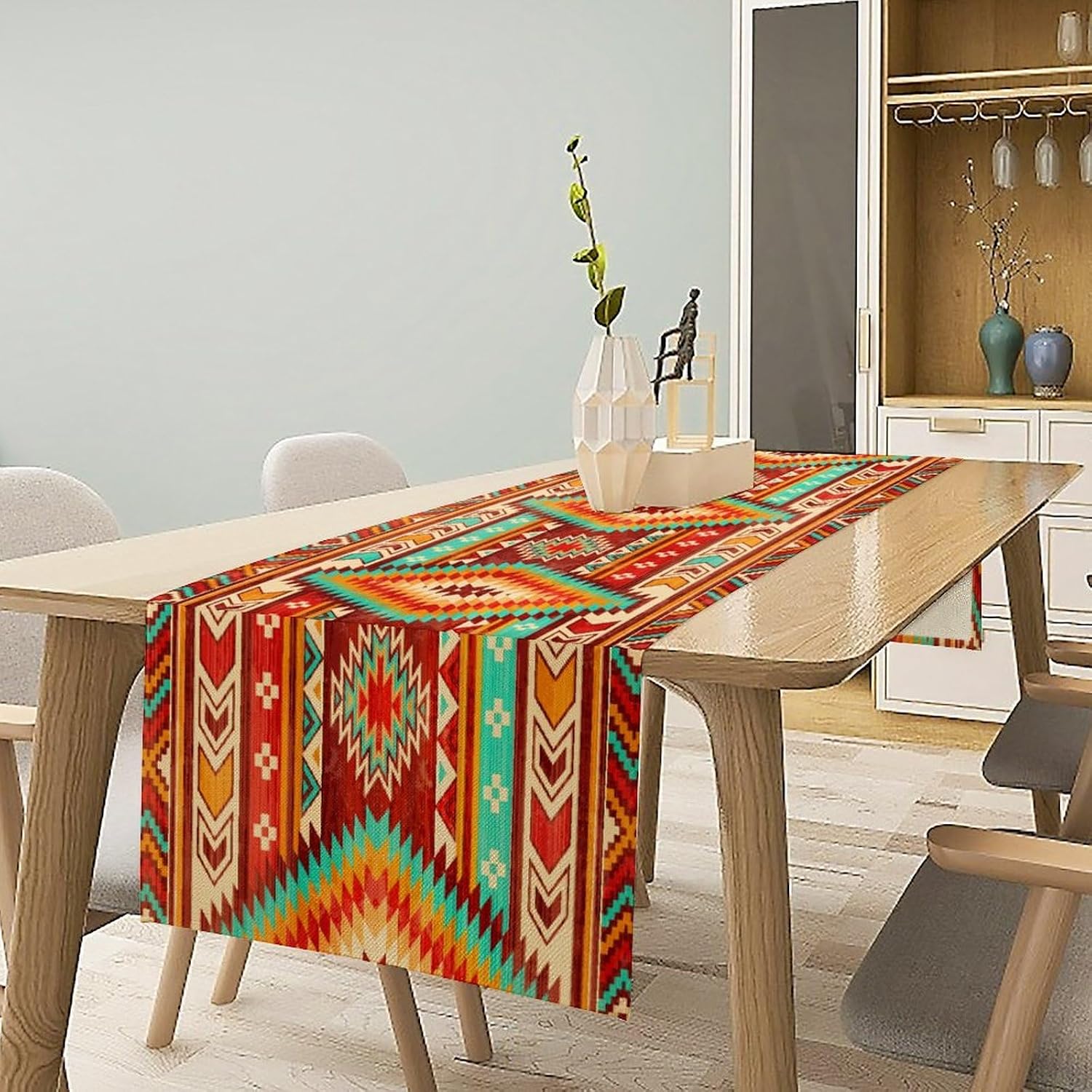 Aztec Southwest Table Runner,Ethnic Style Design Boho Geometric Pattern Printed Linen Table Runner for Home Kitchen