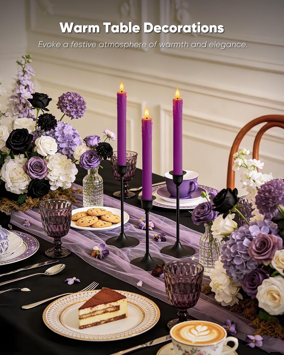 Homemory 6 Pcs Real Wax Purple Flameless Taper Candles with Remote Timer, 9.6 Inches LED Fake Candlesticks, LED Candle