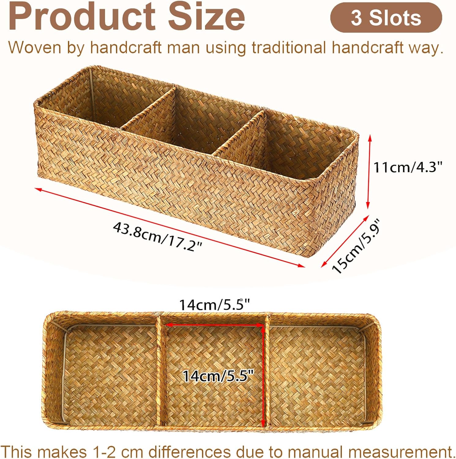 Handwoven Seagrass Storage Basket 3 Sections Toilet Tank Paper Organizer / Large / Caramel
