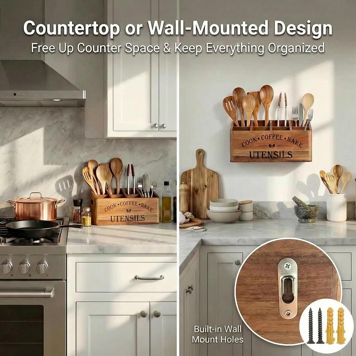 Acacia Wood Utensil Holder, 4 Compartments, Countertop or Wall | Extra-large acacia wood holder with ventilation holes