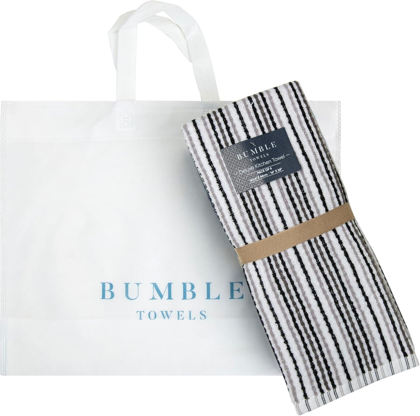Bumble Kitchen Towels 6 Pack 100% Cotton 16"x26" - Black | 430 GSM Soft Kitchen Hand Towels with Hanging Loop, Highly