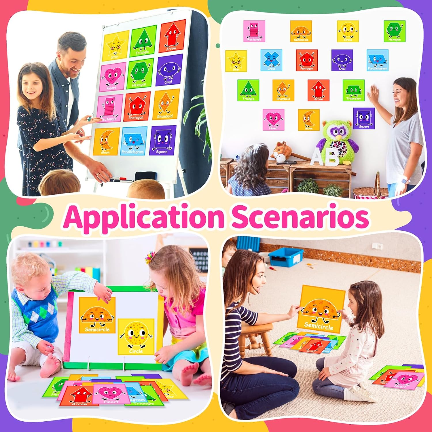 Kids Nursery Wall Decals Colorful Shape Stickers / Purple & Red / Set of 16