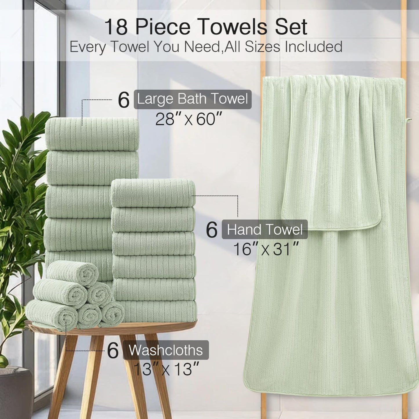 18 Piece Family Bath Towel Set Include 6 Bath Towels,6 Hand Towels and 6 Washcloths Soft Bathroom Towel with Hanging