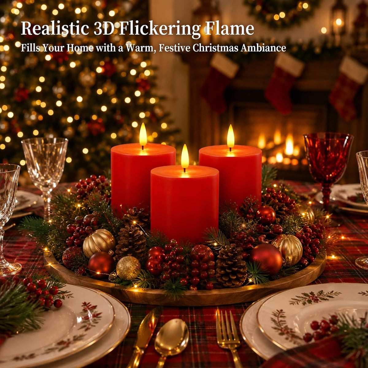 Homemory 3x3 Red Flameless Candles Battery Operated with Remote Timer, 3PC | Real Wax LED Pillar Candles with 3D Wick