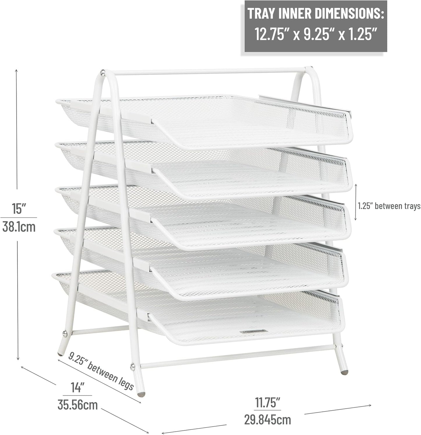 Mind Reader 5-Tier Paper Tray Organizer, White | Vertical Desktop File Storage Rack, Office, Metal Mesh