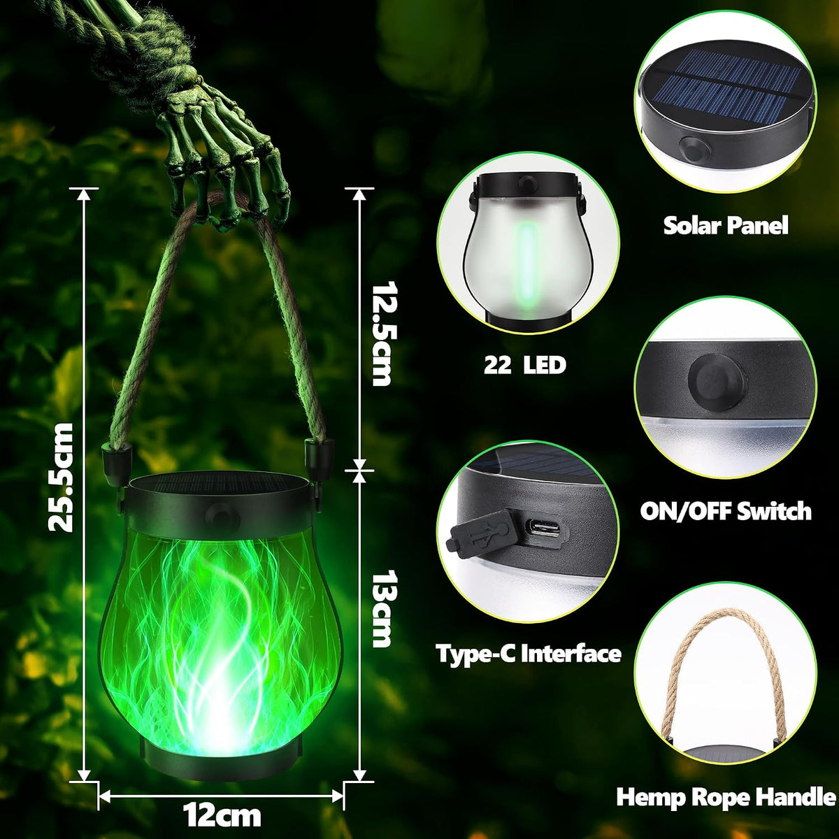 iBaycon 2 Pack Gen2 Solar Lantern Lights USB Halloween Flame Lamp, Green | Solar Garden Lights with Solar & USB-C Dual