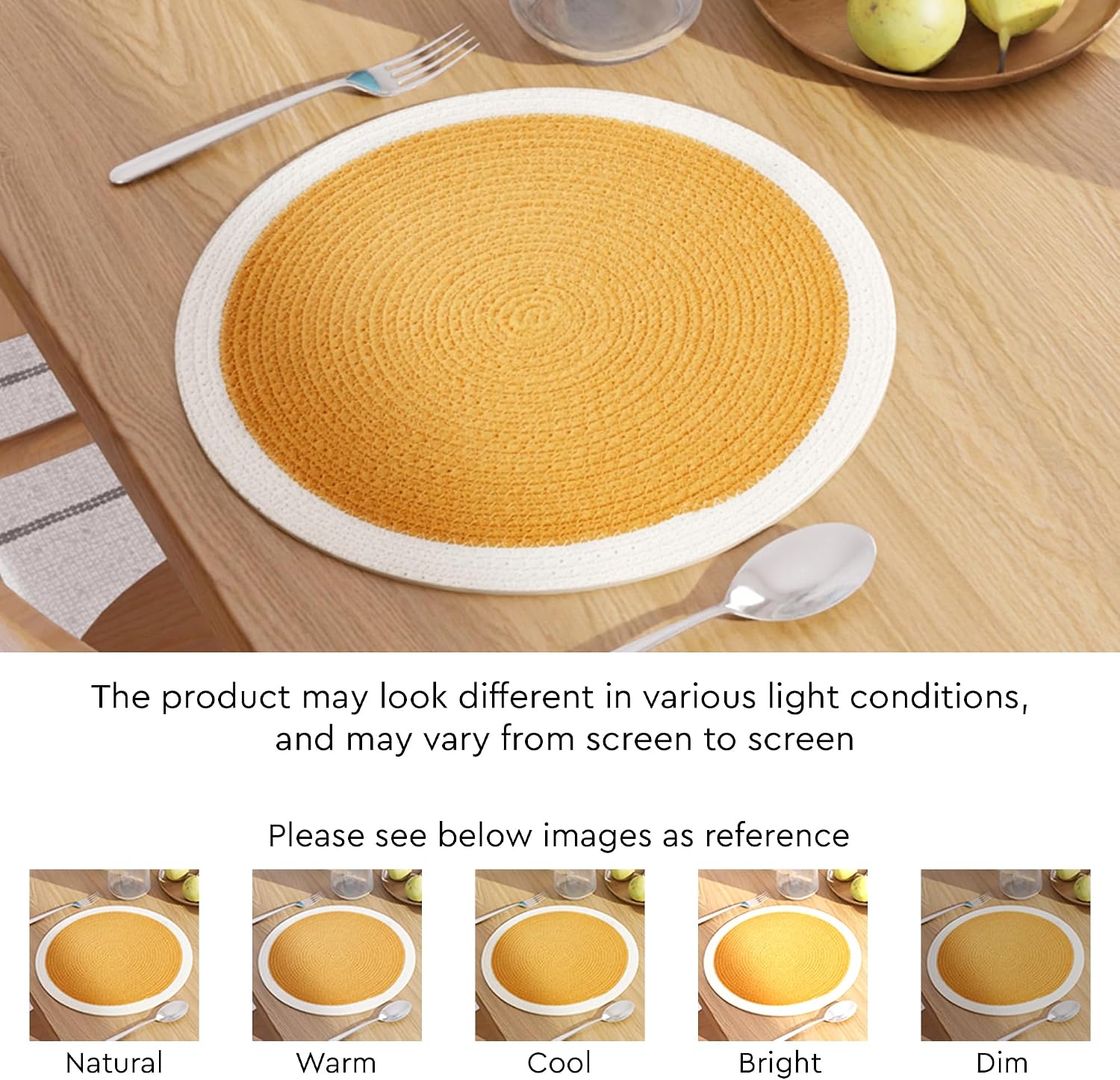 Encasa XO Placemats, Round Cotton Dining Table Mats 13" | Yellow & Off White, Handcrafted Ribbed Texture | Heat