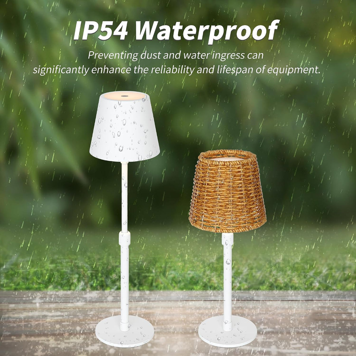 Mr.White Outdoor Waterproof Rechargeable Cordless Table Lamp with Telescopic Pole & Wicker Shade, 5200mAh Battery