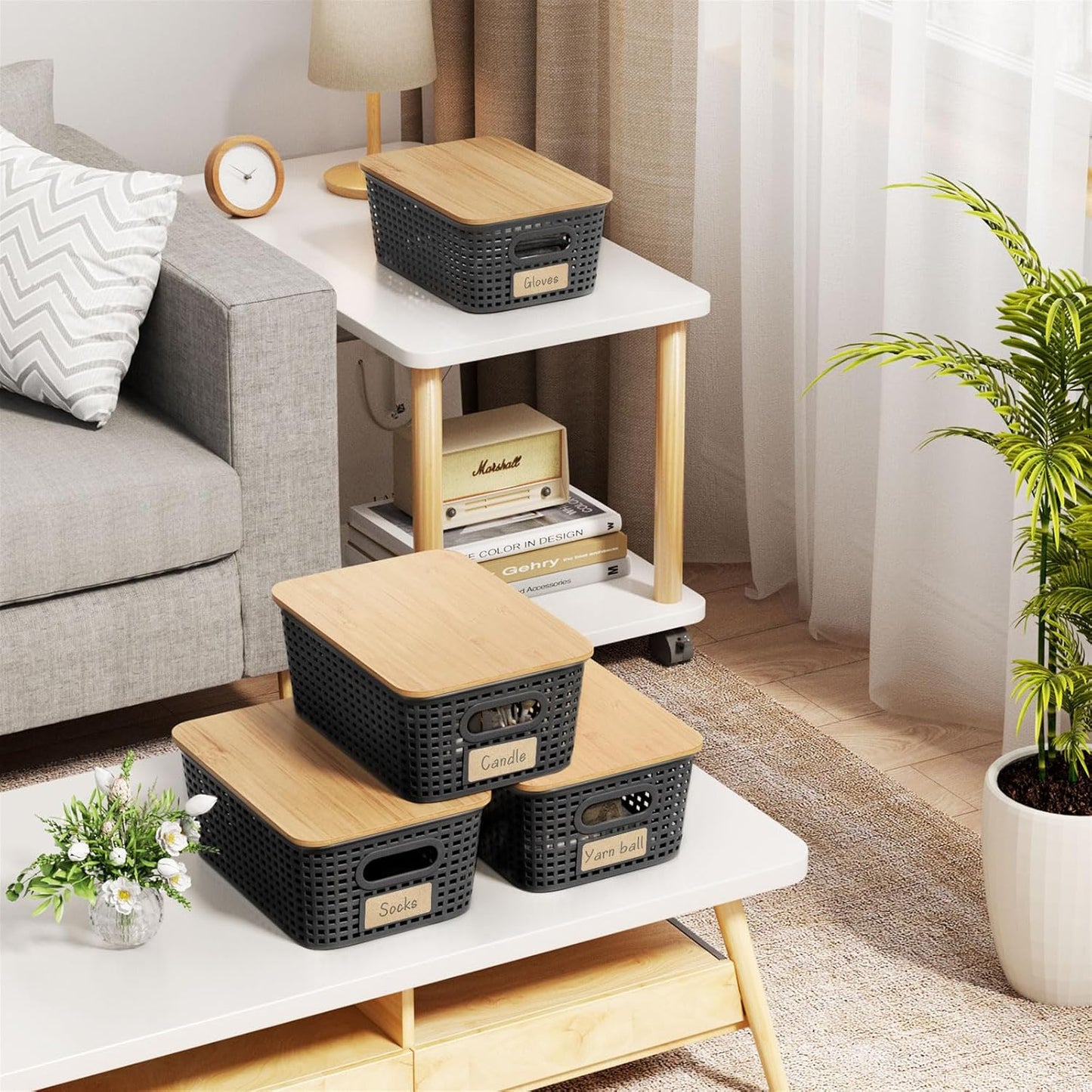 Storage Bins / Stackable Plastic Storage Basket / Black / Set of 6