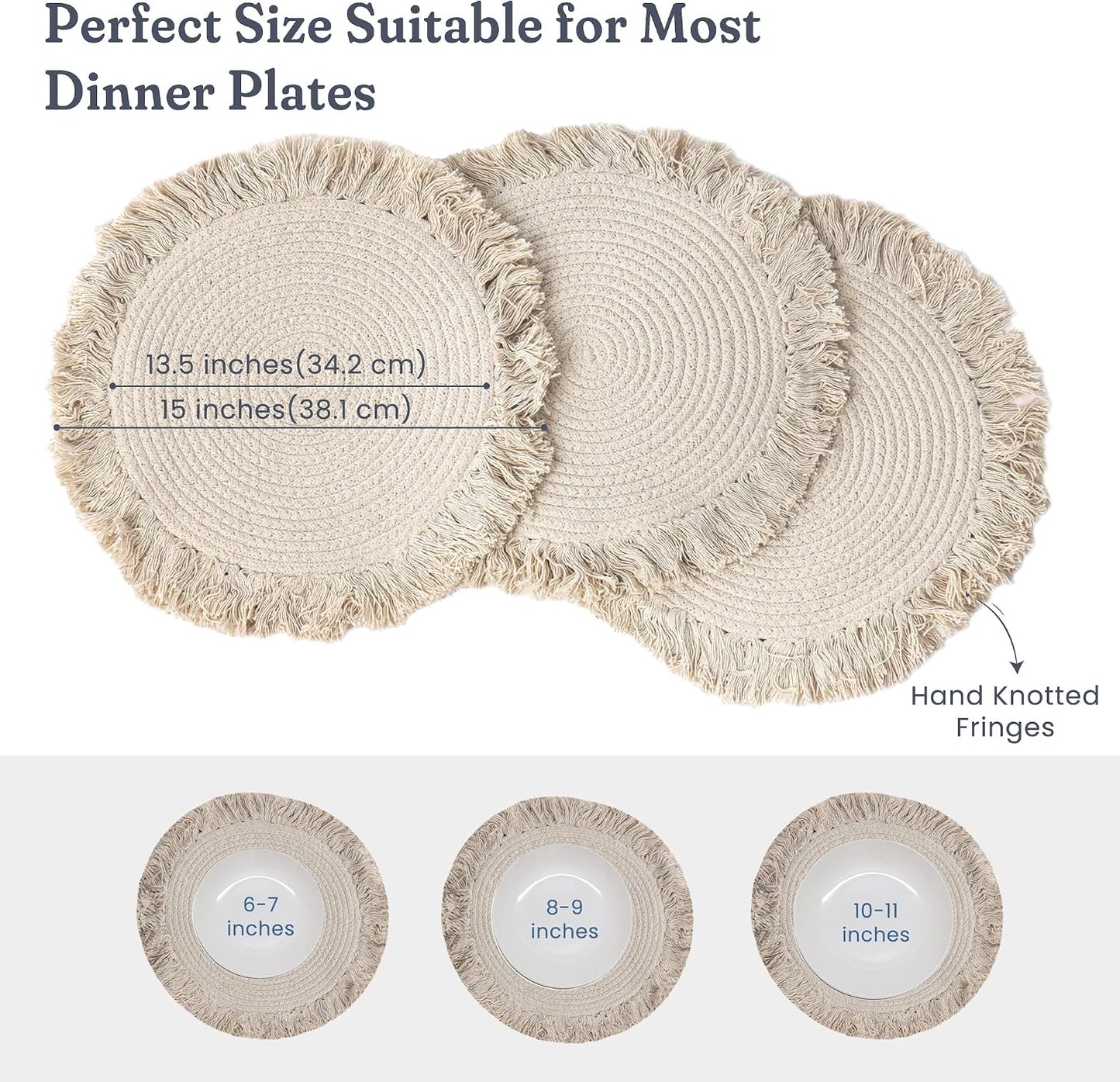 Fine Living Round Placemats Set of 4 with 4 Free Coasters, 15 Inch, Ivory | Washable Heat Resistant Non-Slip Braided