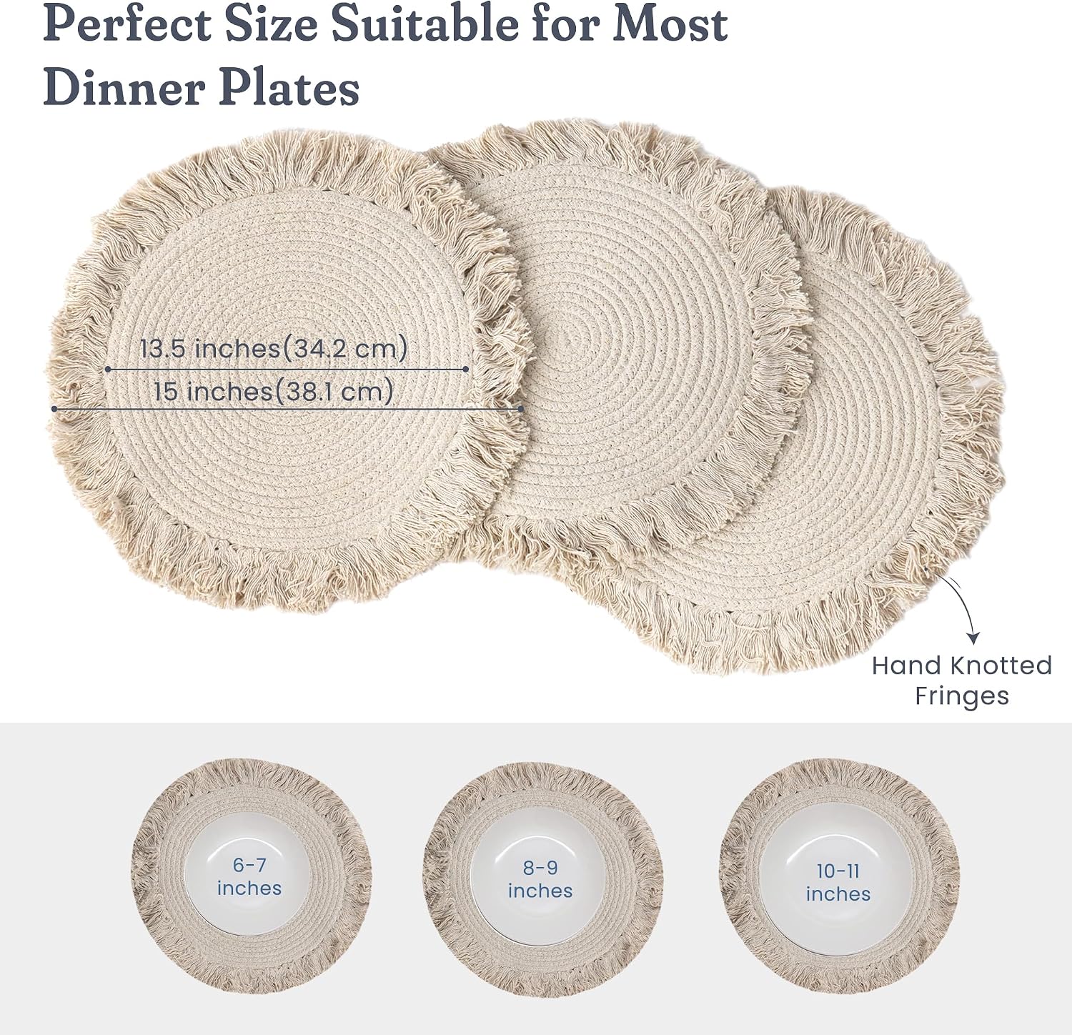 Fine Living 15 Inch Round Placemats Set of 6 with 6-Free Coasters,Ivory | Washable Heat Resistant Non-Slip Braided