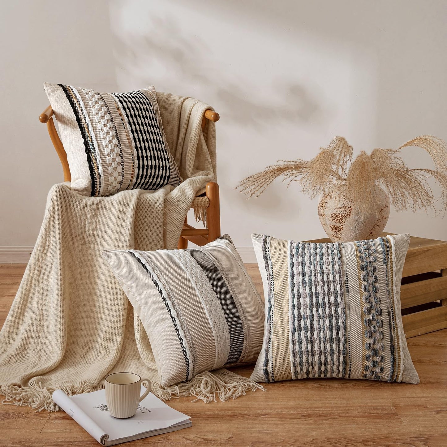 Boho Decorative Throw Pillow Covers Farmhouse Cushion Case / Gray Blue Stripe / 18 x 18 / Set of 2
