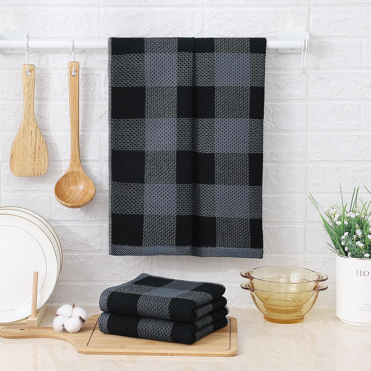 Mordimy Cotton Waffle Weave Kitchen Towels, 13"x 28", 8 Pack, Black & Grey | Super Soft and Absorbent Buffalo Check