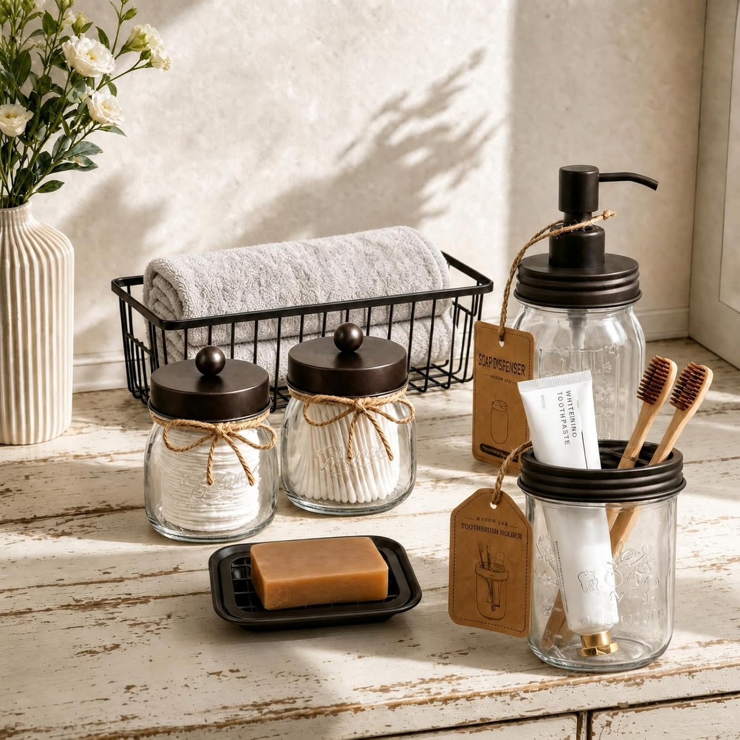 SheeChung Mason Jar Bathroom Accessories Set,6Pcs Rustic Bathroom Set,Brown | Glass Bathroom Accessory Set, Soap