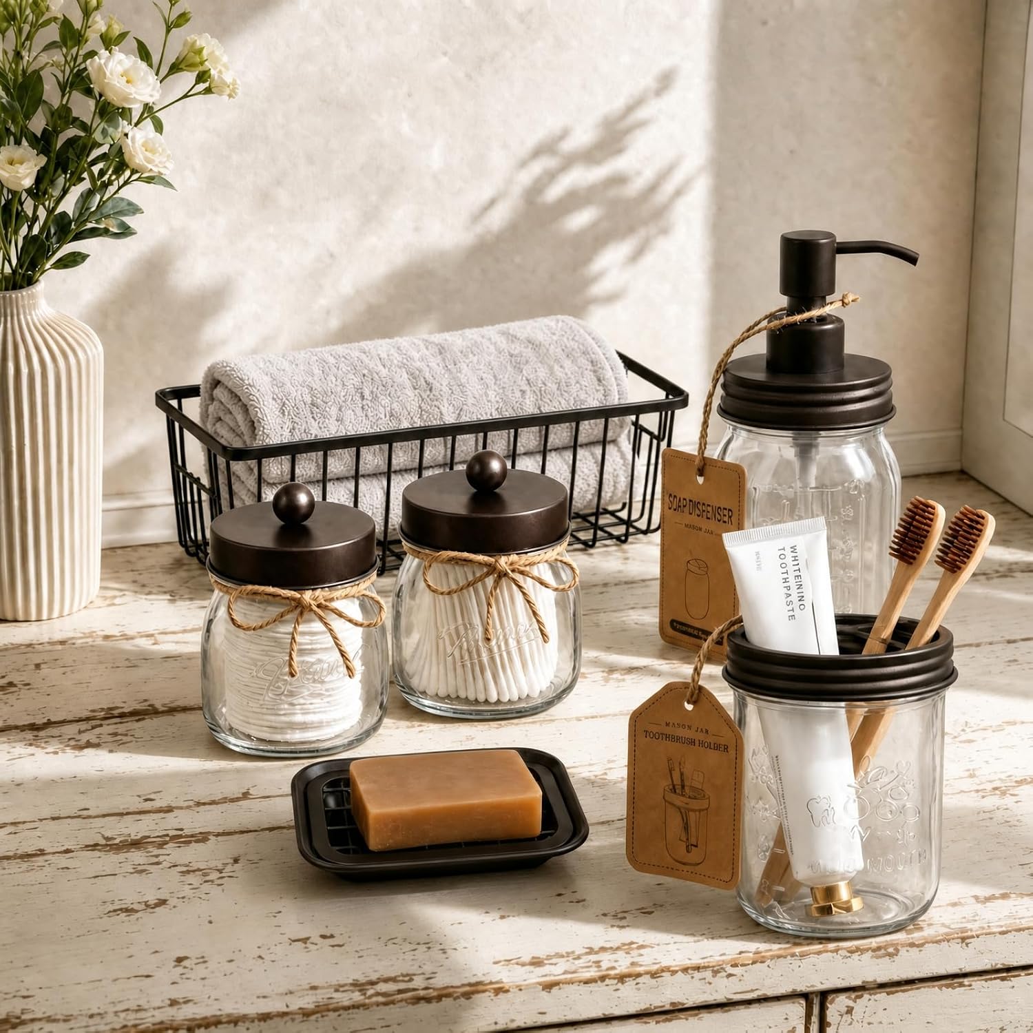 SheeChung Mason Jar Bathroom Accessories Set,6Pcs Rustic Bathroom Set,Brown | Glass Bathroom Accessory Set, Soap