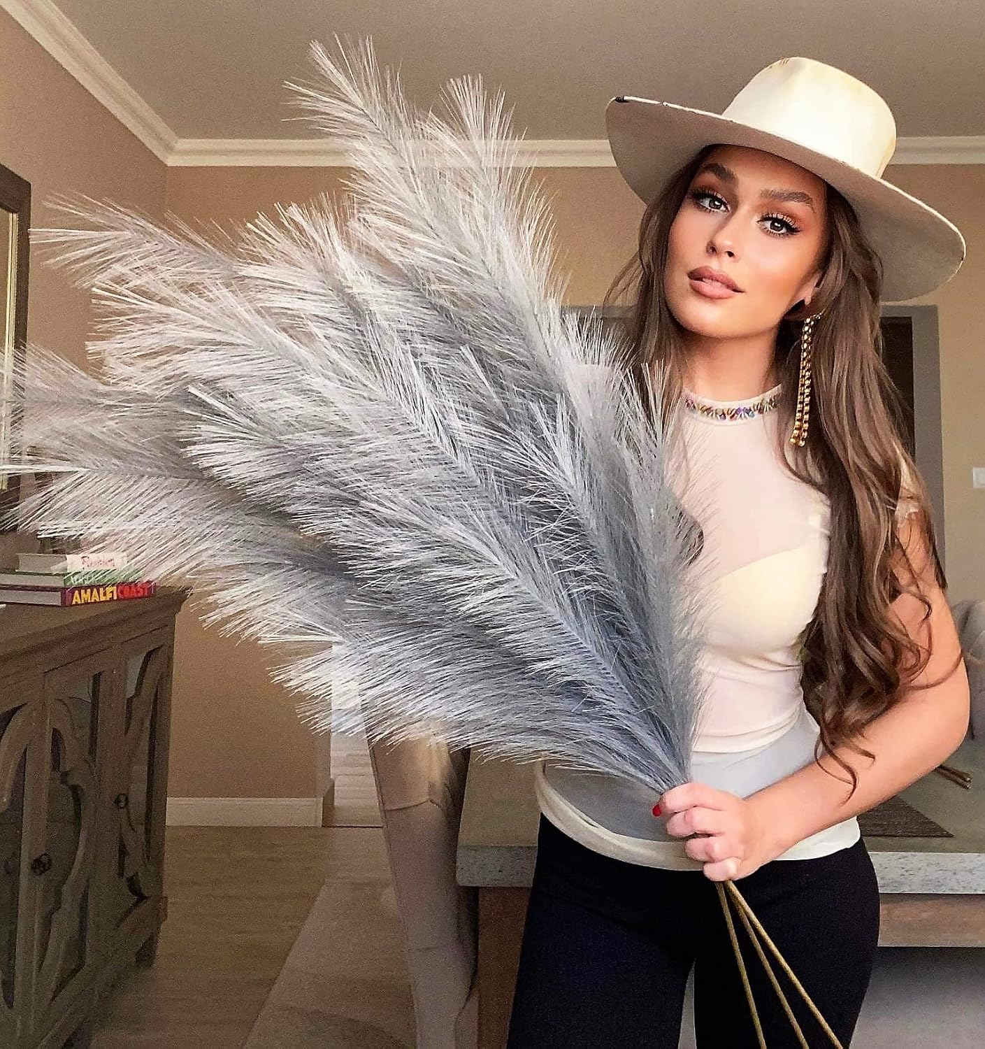 Light Fake Artificial Faux Pampas Grass Large Bundle 3 Tall 45" Extra Fluffy Stems / Grey Gray