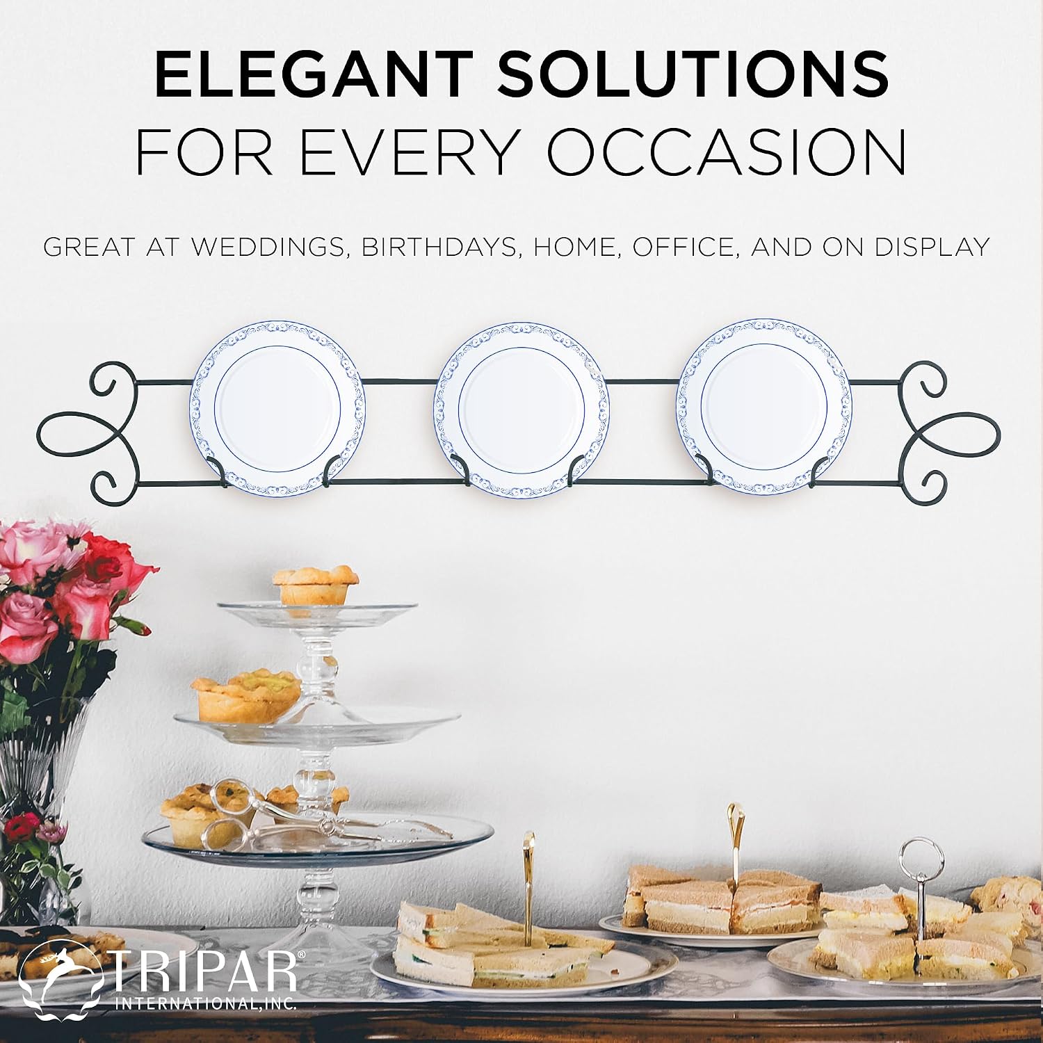 TRIPAR Horizontal Plate Rack, Black Display (3 Place) - Durable & Sturdy Metal Finish with Scroll Designs - Beautifully