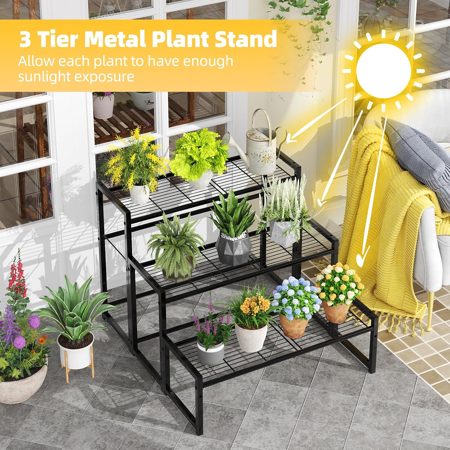 Simple Trending 3 Tier Metal Plant Stand Outdoor Indoor Waterproof, Stackable Heavy Duty Tall Plant Shelf Flower Pot