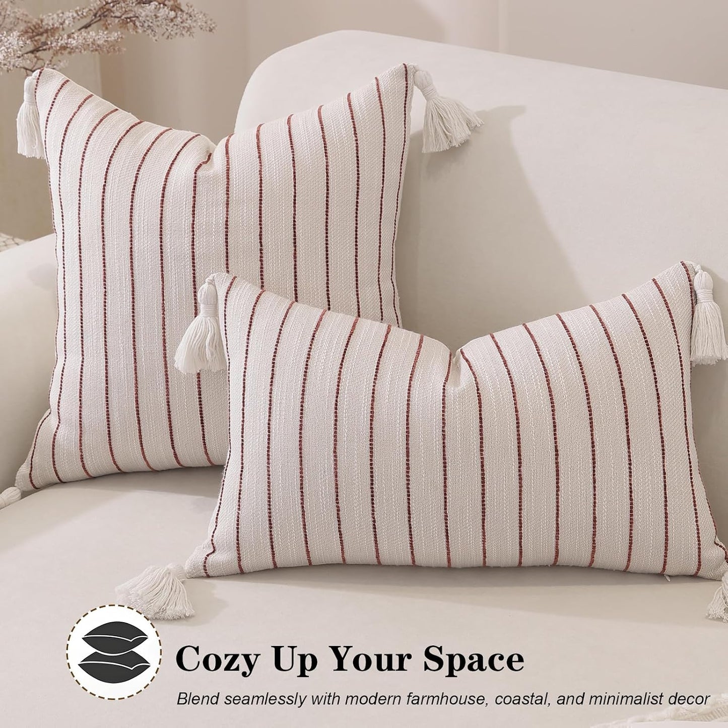 Decorative Boho Throw Pillow Covers / Coffee Brown Striped / 18 x 18 / Set of 2