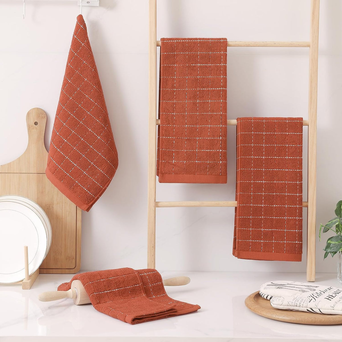 Homaxy 100% Cotton Terry Kitchen Towels, 6 Pack, Rust | Ultra Soft and Absorbent Dish Towels for Kitchen, Suitable for