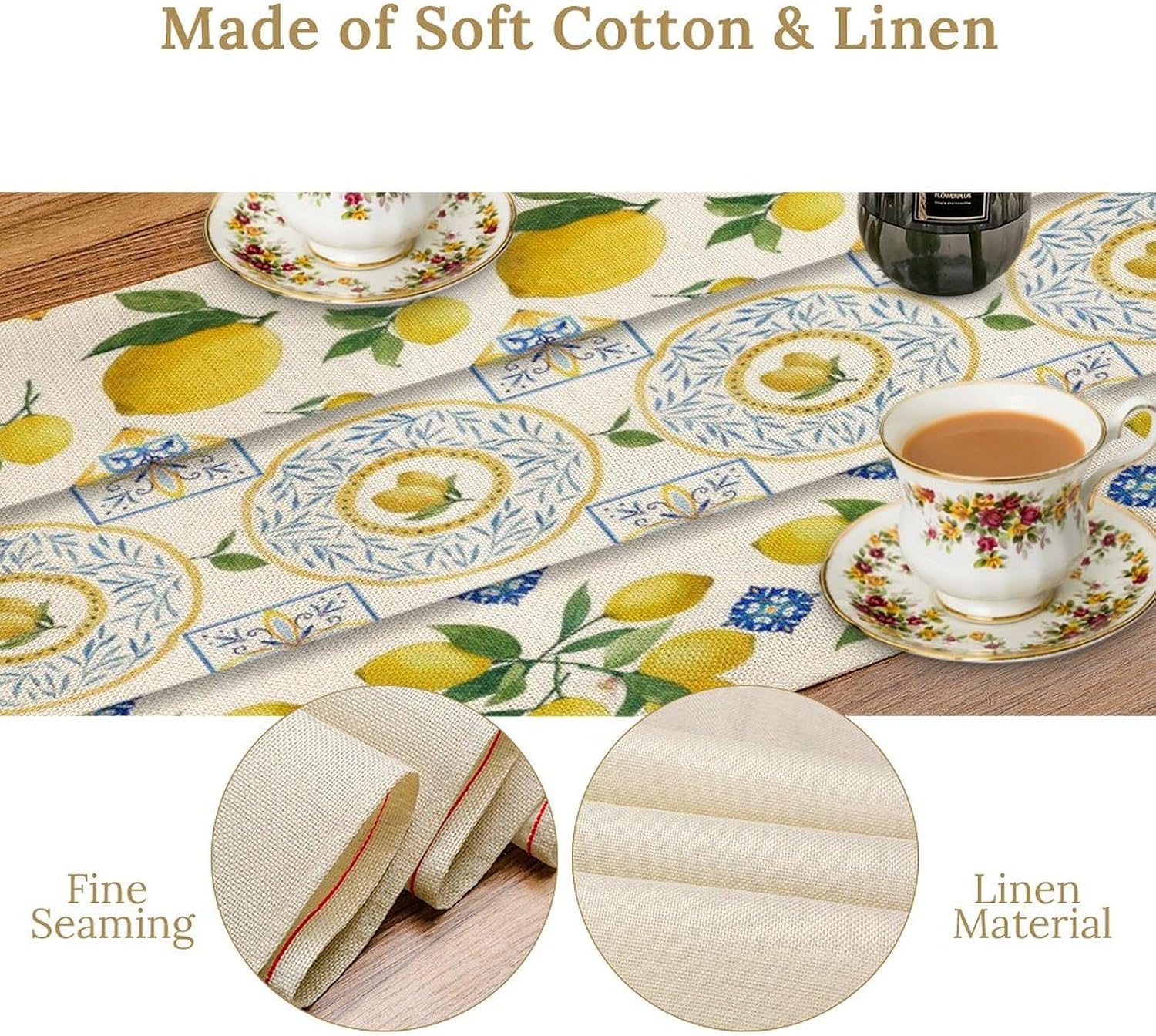 Lemon Table Runner,Summer Blue Tiles Lemons Pattern Printed Linen Table Runner for Home Kitchen Dining Table