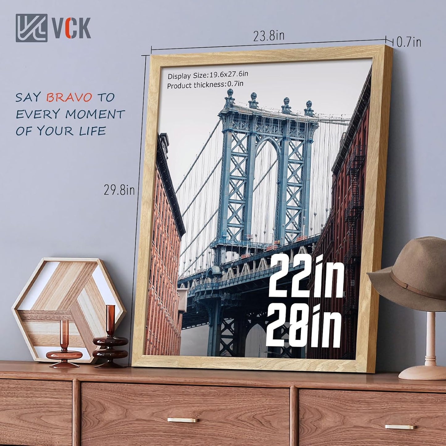 VCK 22x28 Poster Frame Set of 3, Natural Solid Wood, Wall Hanging | Wide Border, Light Woodgrain, Shatterproof