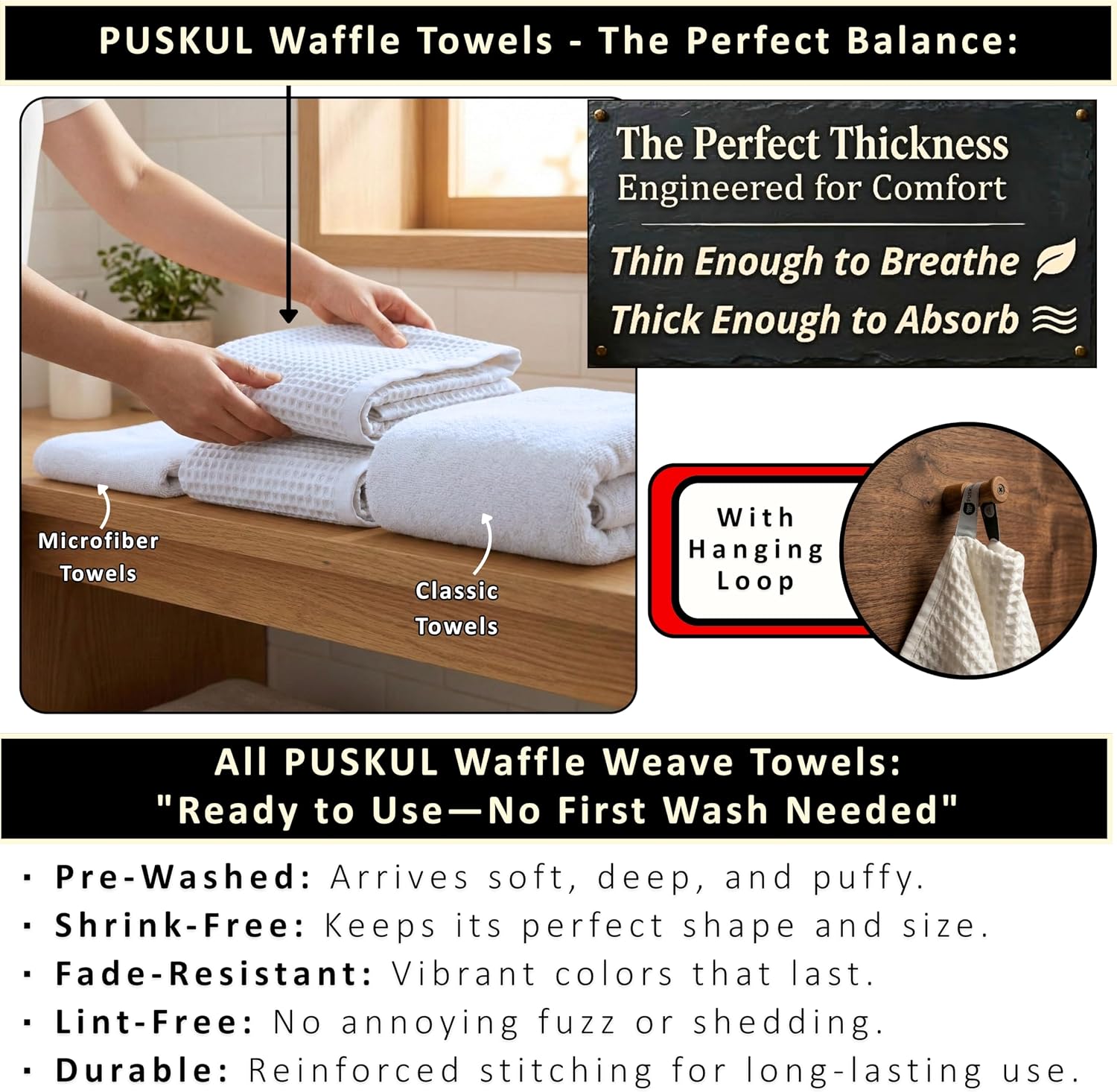 PÜSKÜL Natural 100% Turkish Cotton Waffle Bath Towels Set of 2, Extra-Large | White, Oversize 32x63" Bath sheet towel