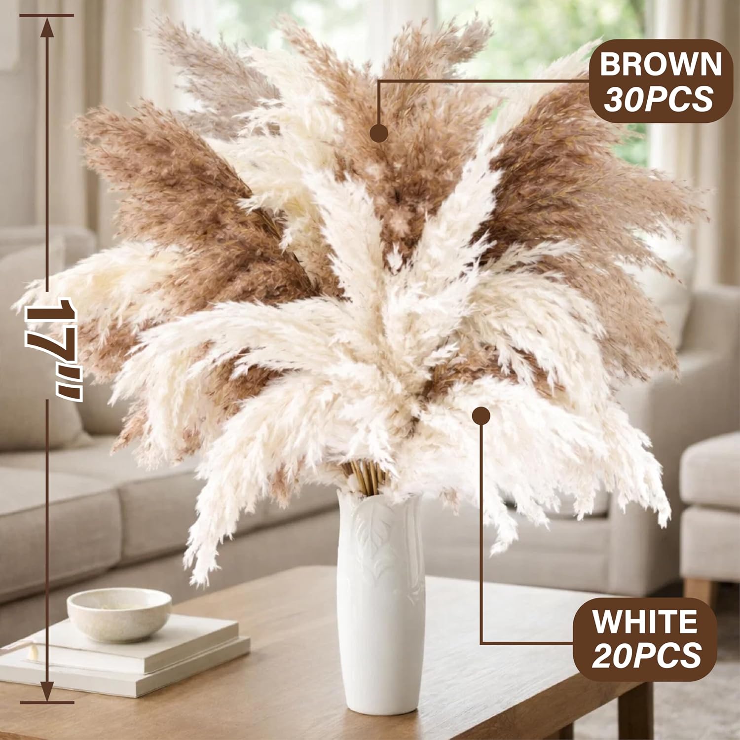 Tall Pampas Grass for Floor Vase / Natural / Set of 50