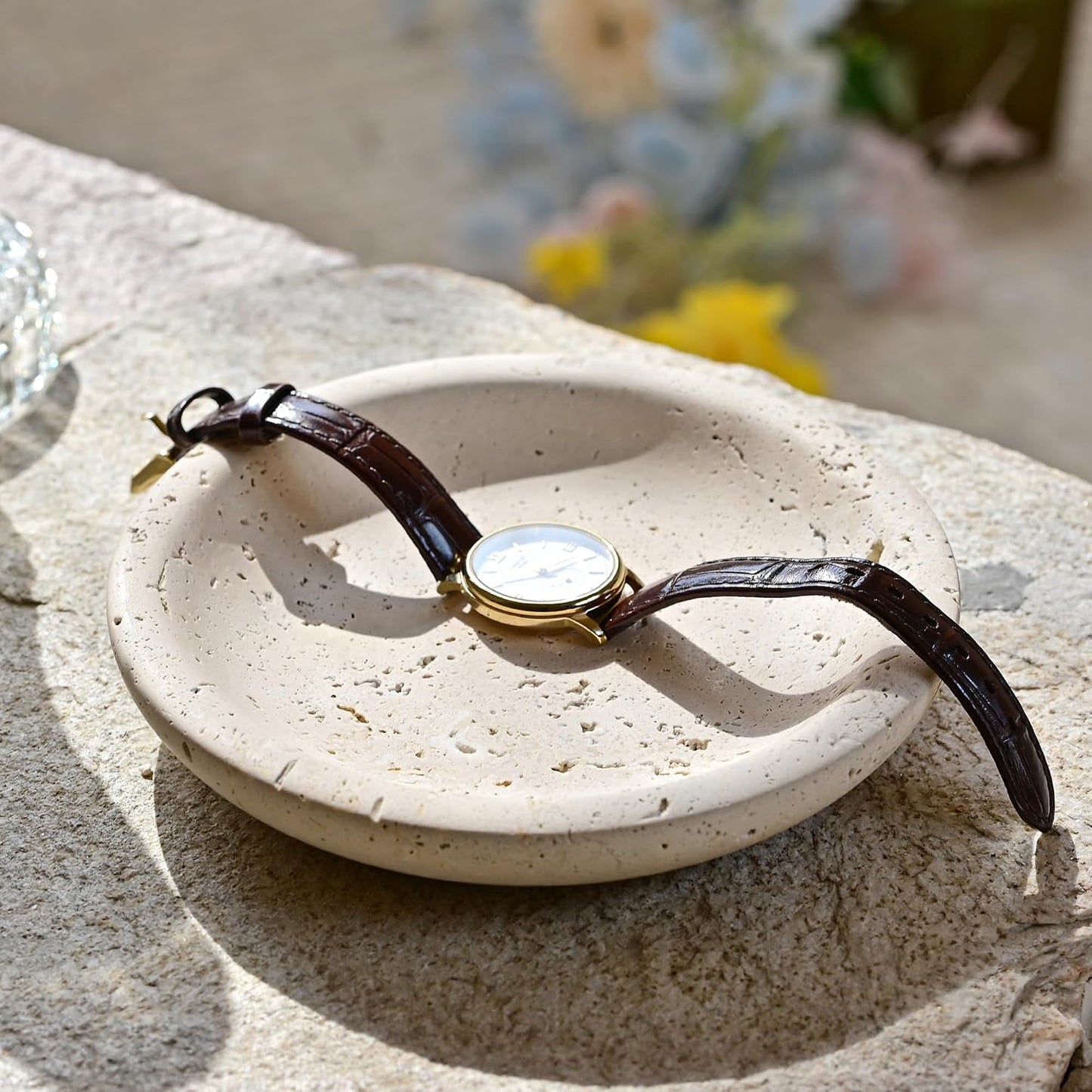 Natural Ring Dish Jewelry Tray / Beige Travertine