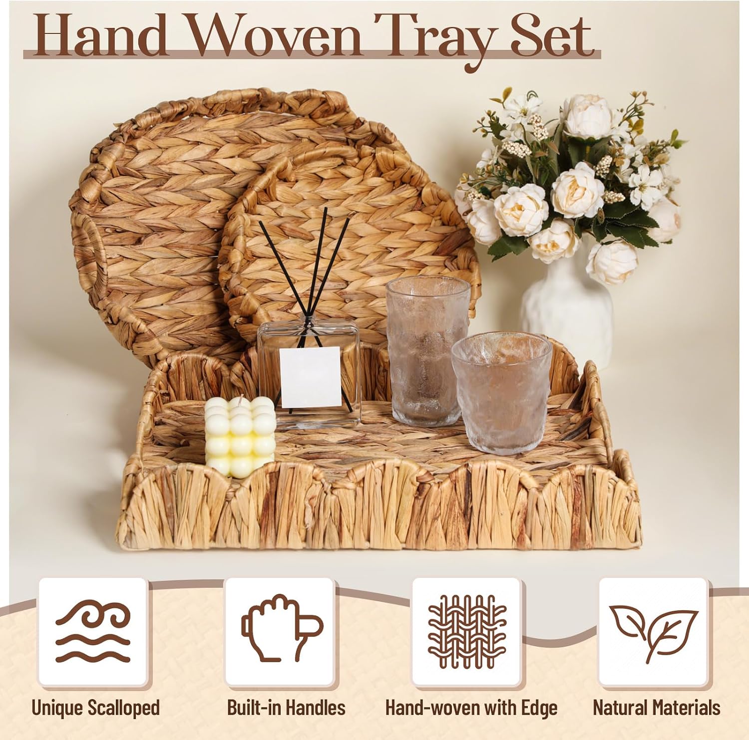 Handles 3 Sizes Decorative Seagrass Tray / Set of 3