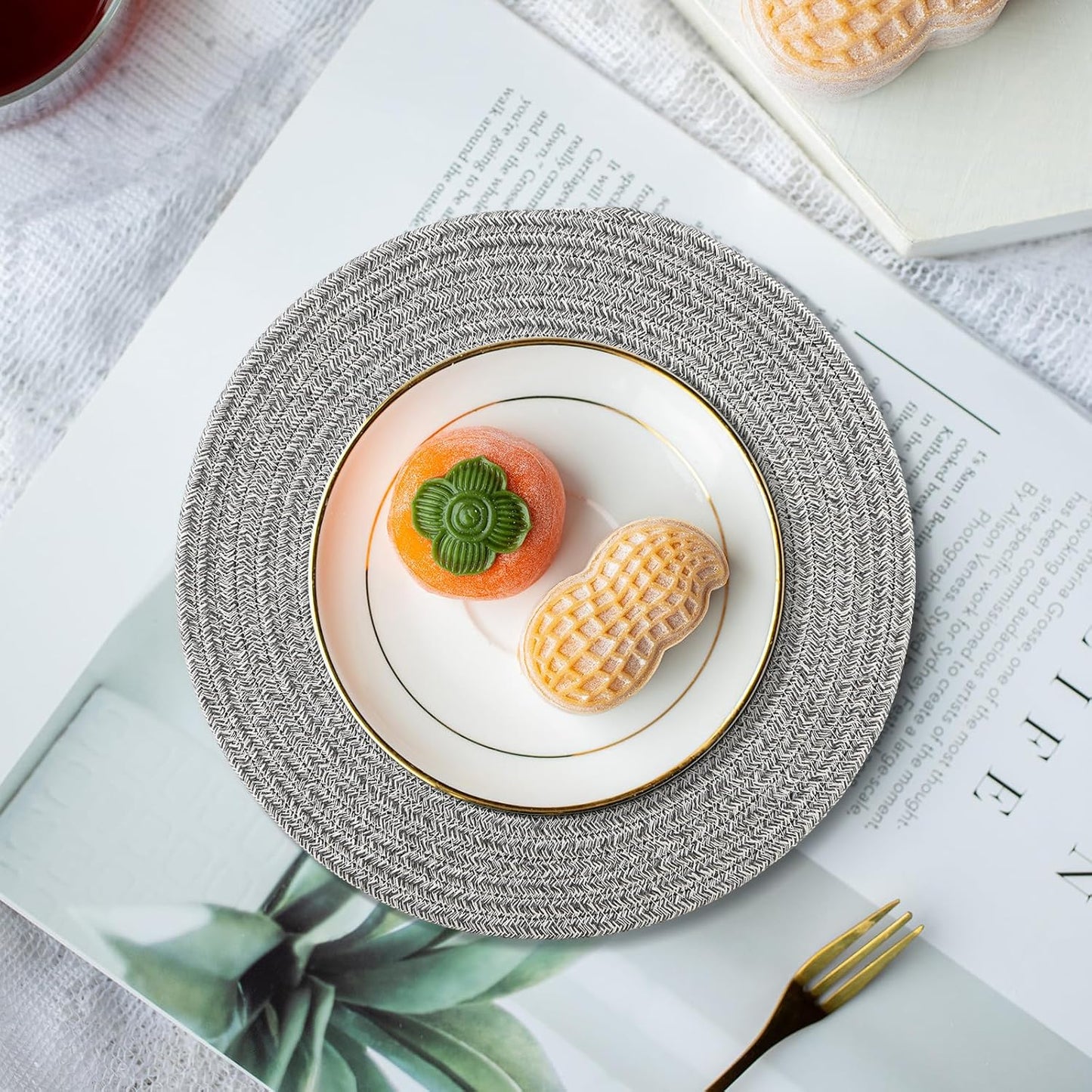 8 Pack Round Woven Placemats 13.5 Inches Heat Resistant Placemats Farmhouse Cotton Rope Braided Place Mats for Dining