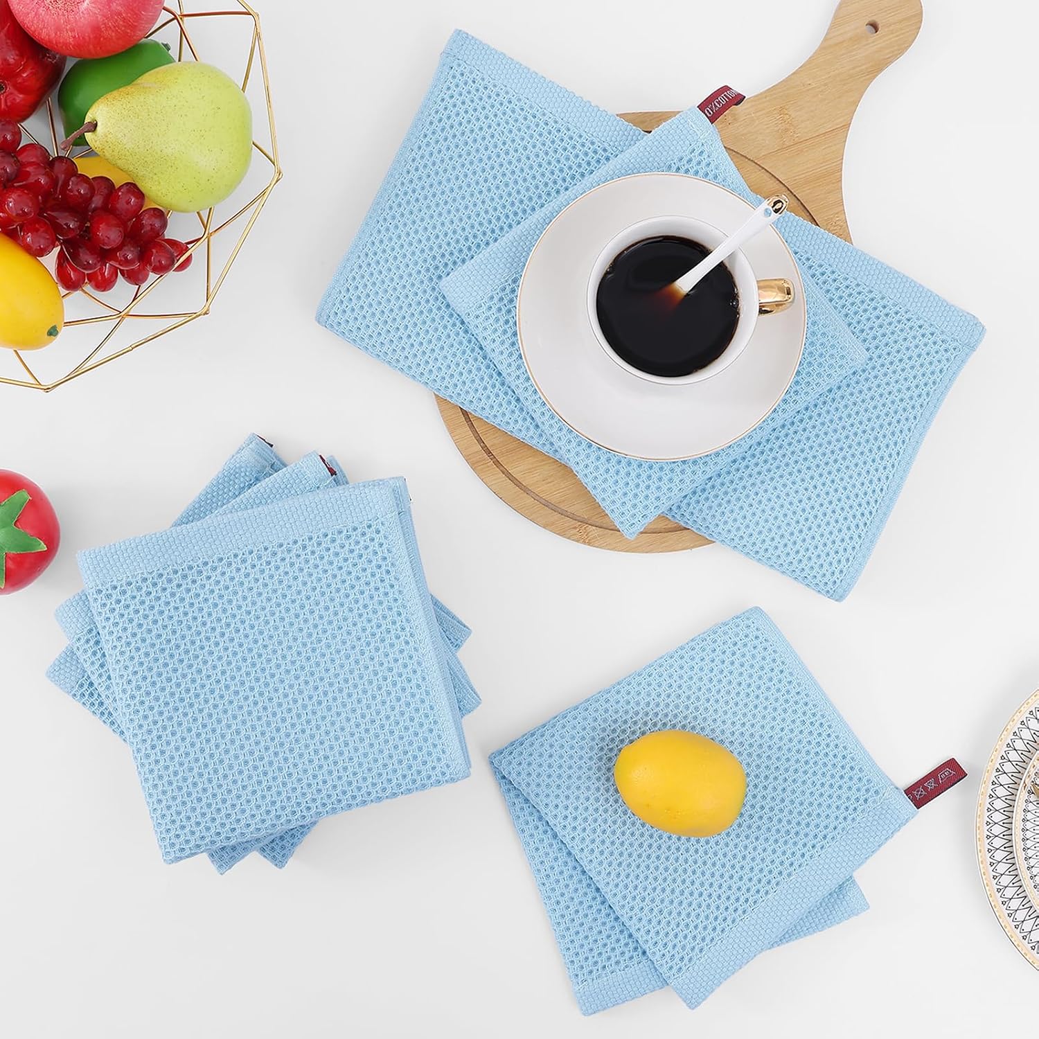 Homaxy 100% Cotton Waffle Weave Kitchen Dish Cloths 12-Pack, Sky Blue | 12 x 12 Inches, Ultra Soft Absorbent Dish