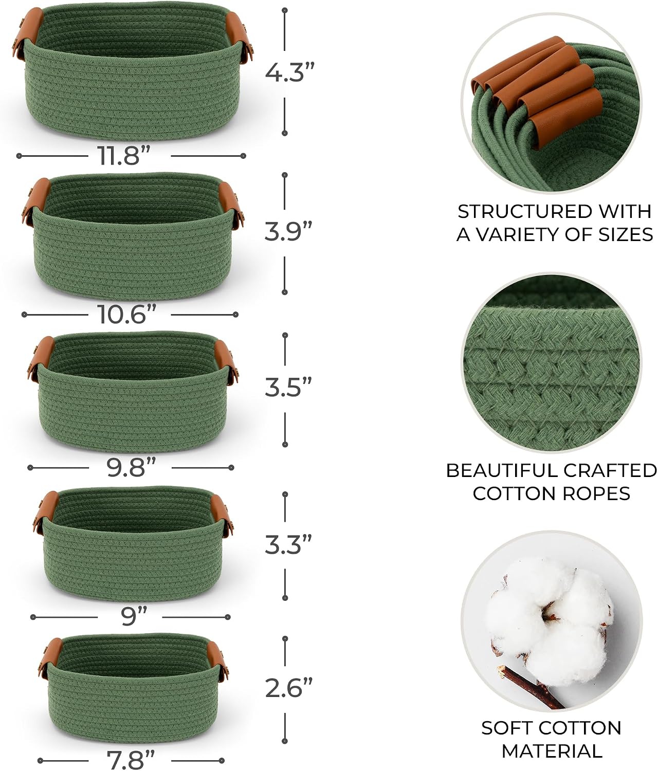 Storage Basket / Sturdy Cotton Rope Baskets / Sage / Set of 5