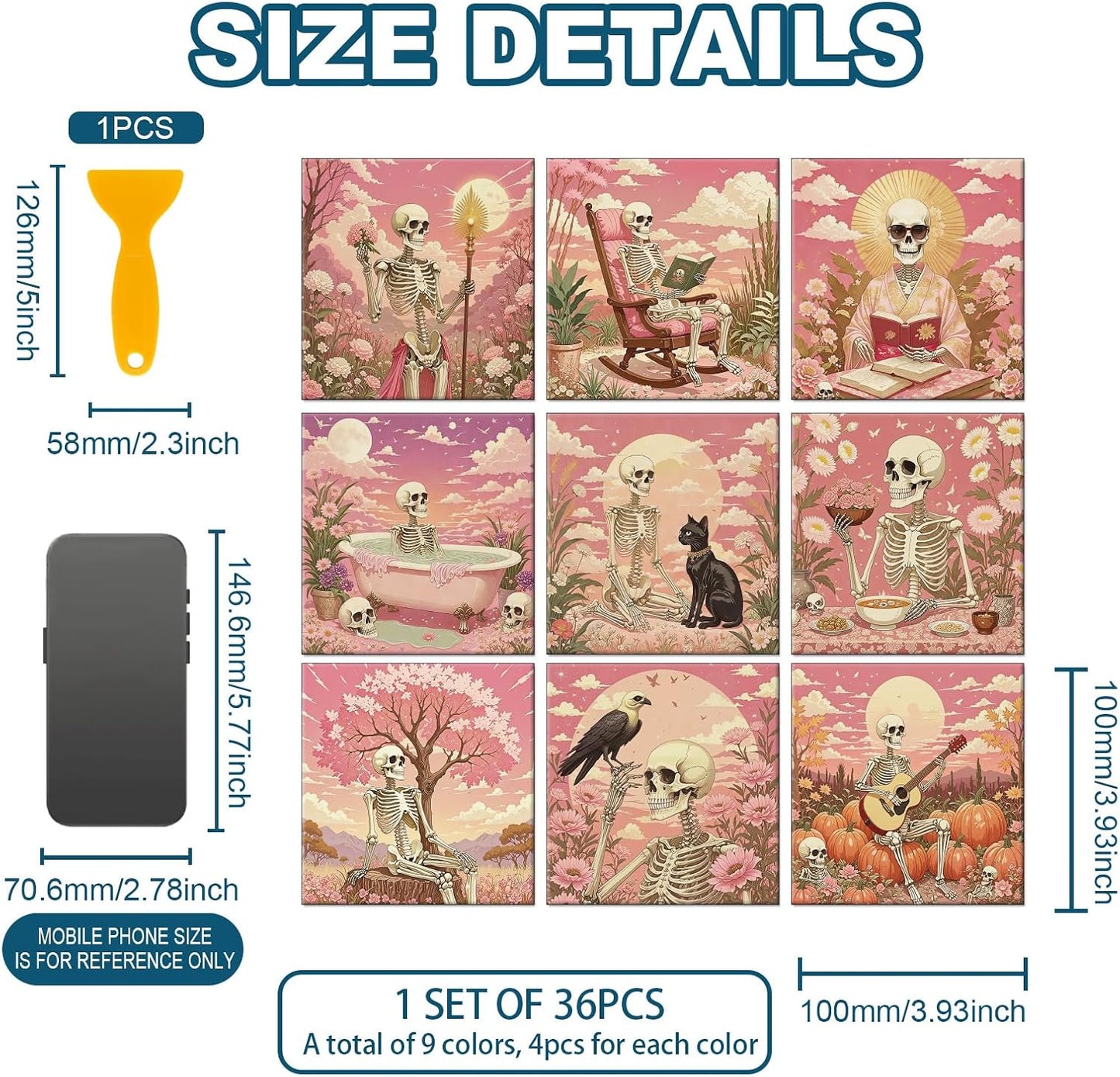 9 Style Tile Stickers Skulls Peel and Stick Dreamlike Style Wall Tile / Pink Scene / Set of 36
