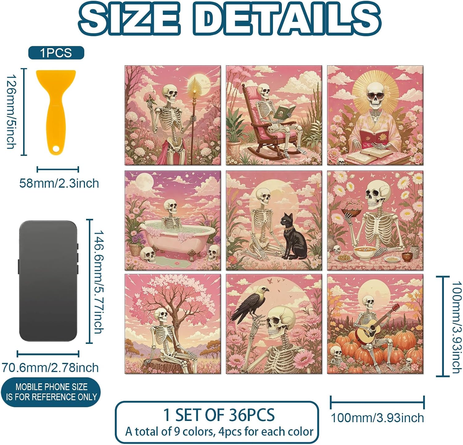 9 Style Tile Stickers Skulls Peel and Stick Dreamlike Style Wall Tile / Pink Scene / Set of 36