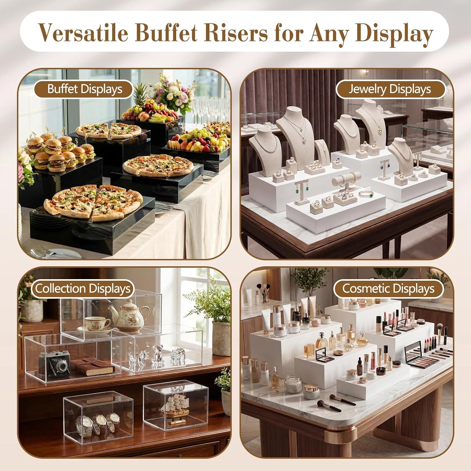 Large Buffet Risers Set " Acrylic Display Box Catering / Clear / 6" To 12 / Square / Set of 7