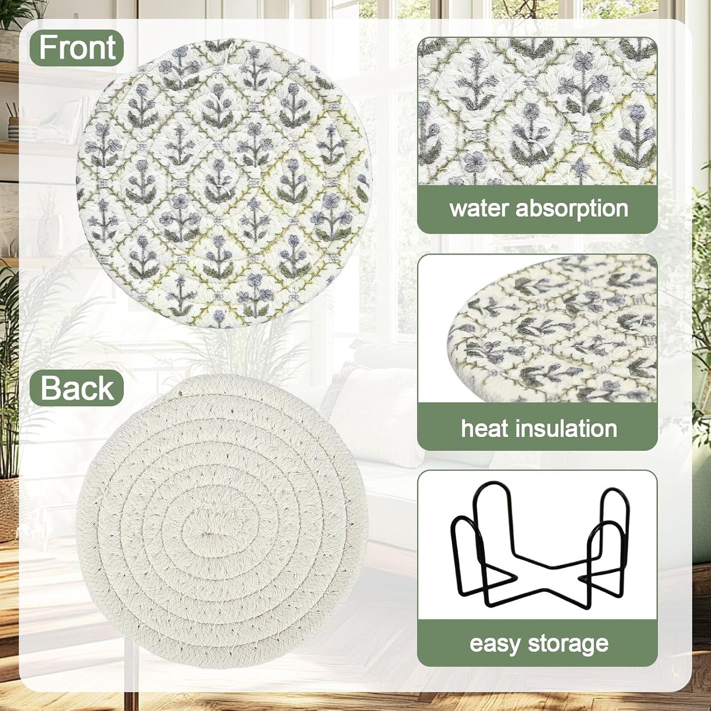 Holder / Boho Cotton Coasters / Turquoise / Blue / 4 Inch / Set of 6