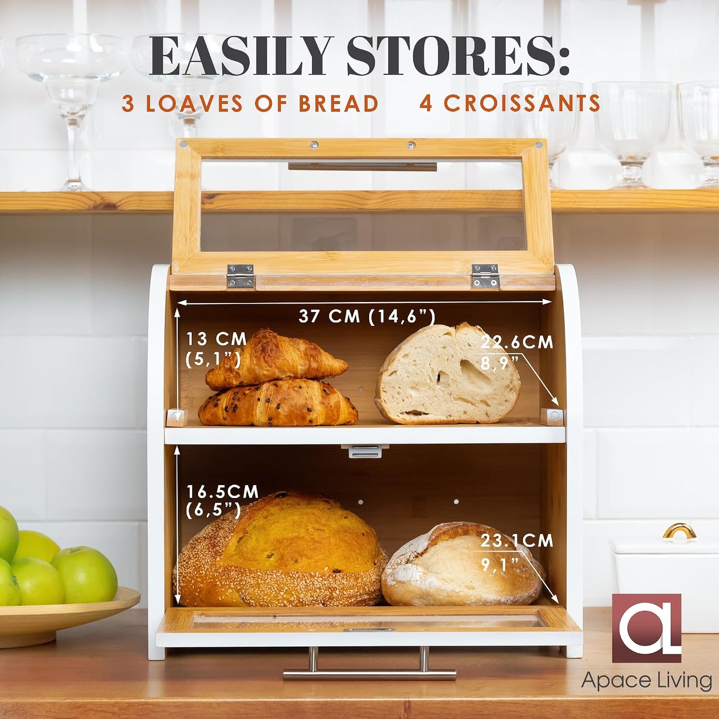 Arise Stylish Bamboo Bread Box for Kitchen Countertop, Extra Large 2-Shelf Wooden Bread Storage Container with Clear